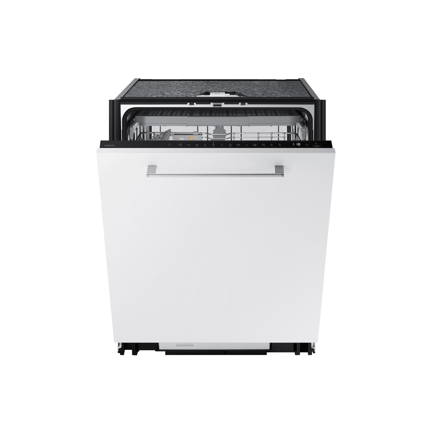 White dishwasher with open door. Interior visible, handle at front, on white background.
