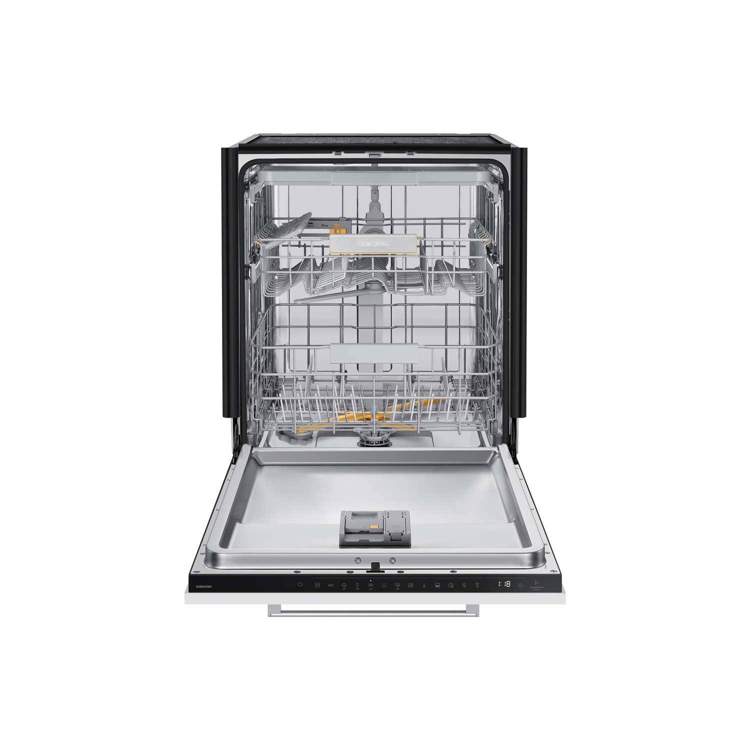 Open dishwasher interior, stainless steel, with racks and utensils visible. White background.