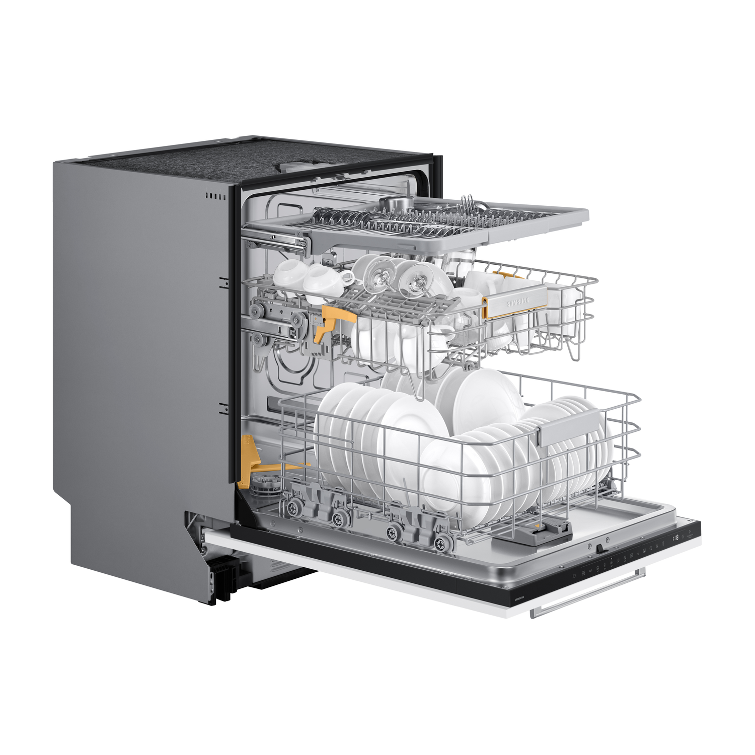 Dishwasher with the door open, showing racks filled with dishes and utensils. White background.