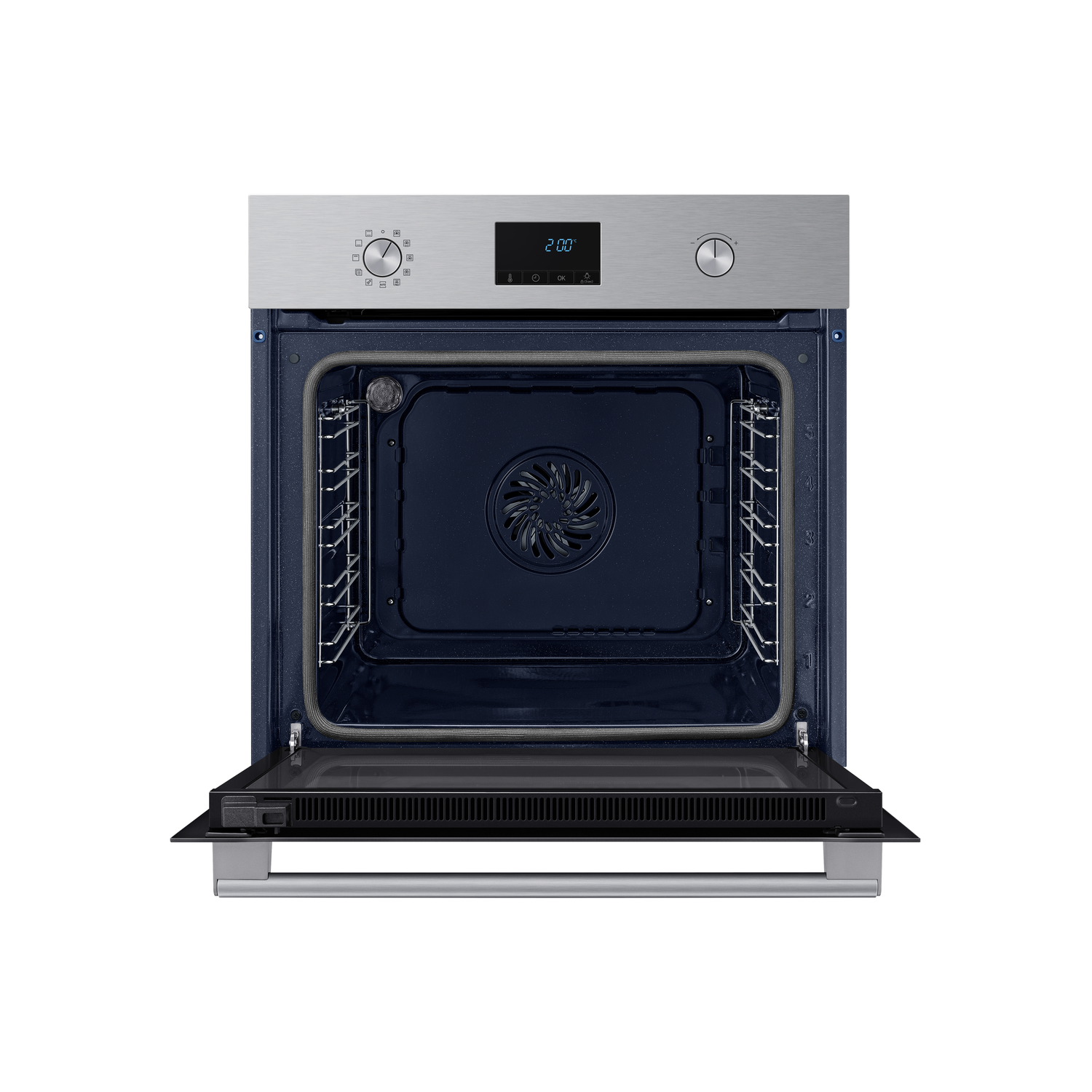 An oven with the door open, showing the inside.