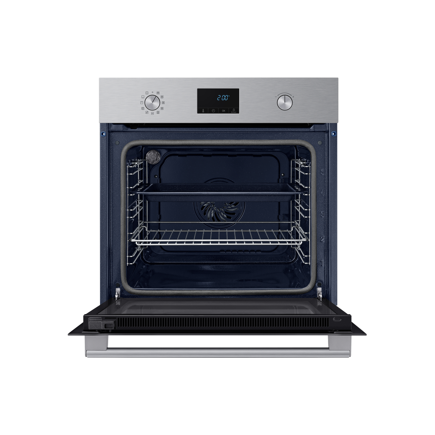 Open oven with internal rack and visible heating elements. Digital display shows "2:00" with stainless steel.