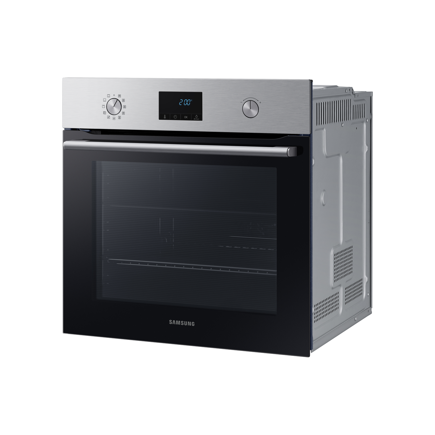 A stainless steel oven with a black glass door and digital display, angled view.