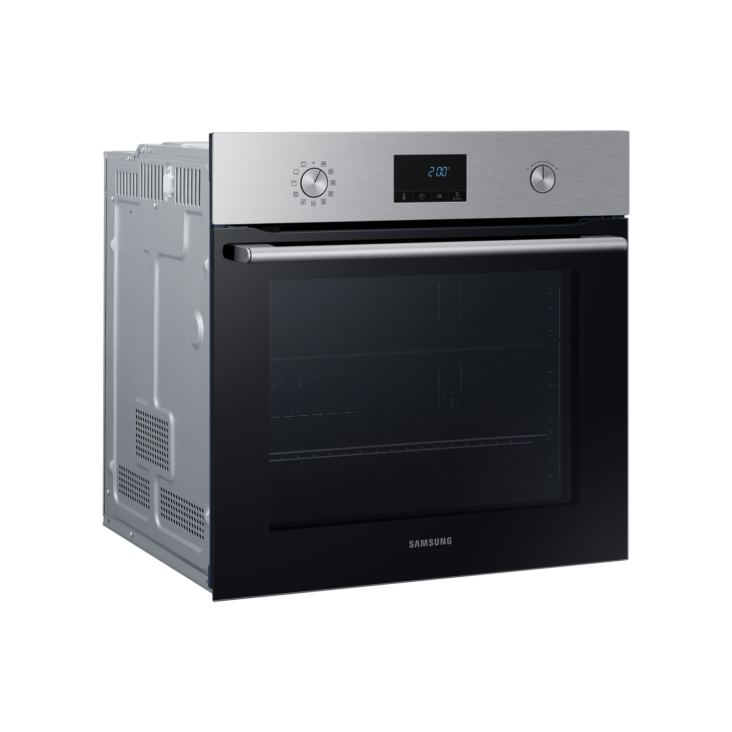 Silver built-in oven with a black door and digital display.