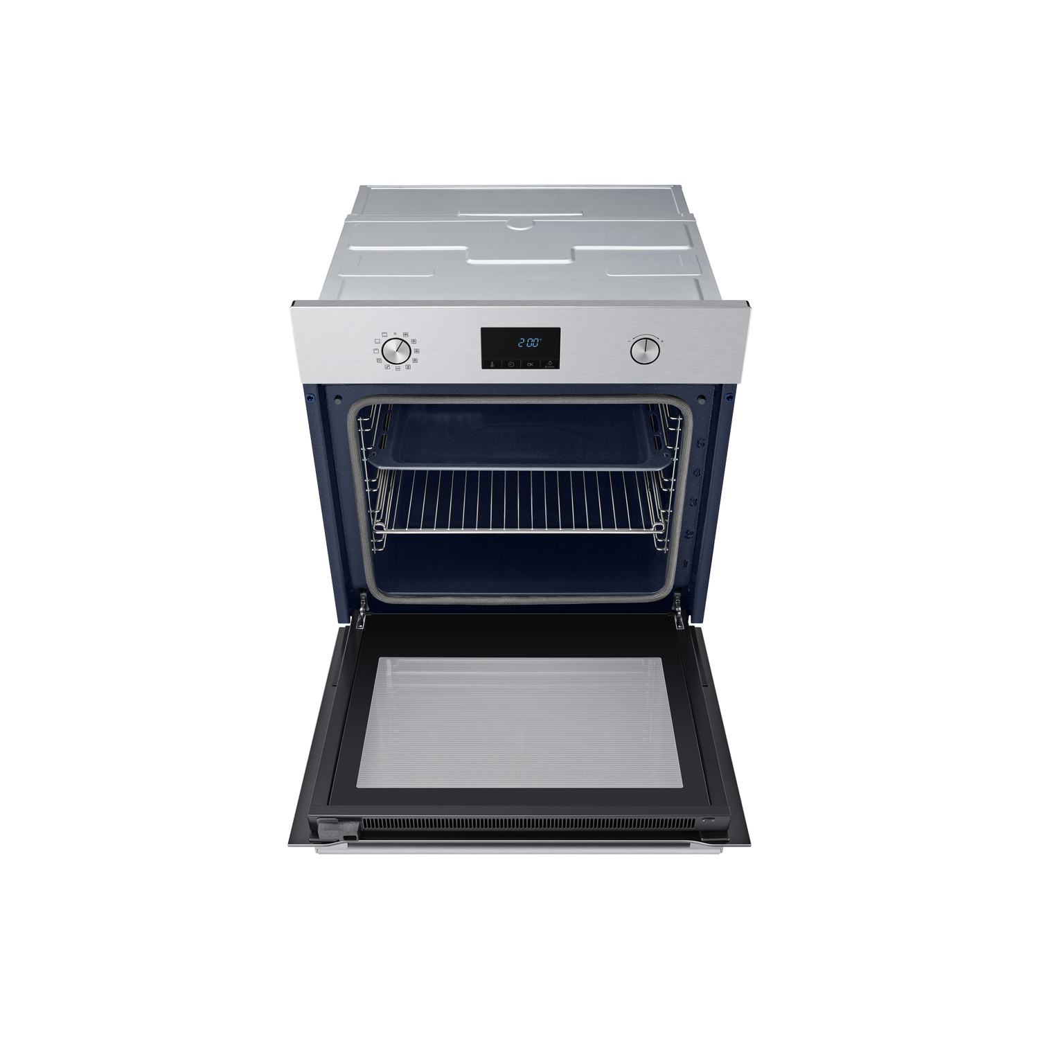 An open oven, from above, with two racks inside. The door is also open.