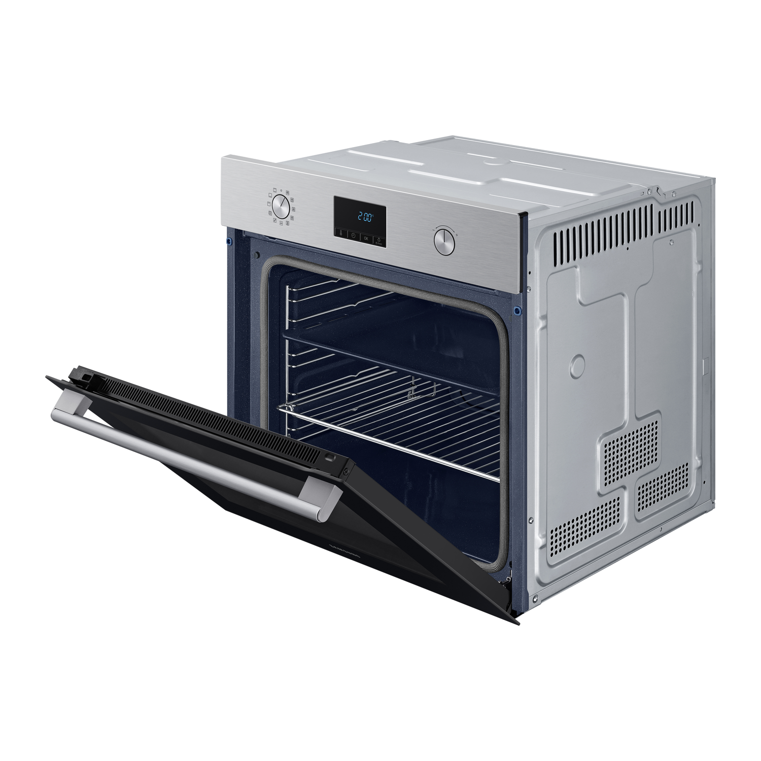 Stainless steel oven with the door open, showing the interior racks.