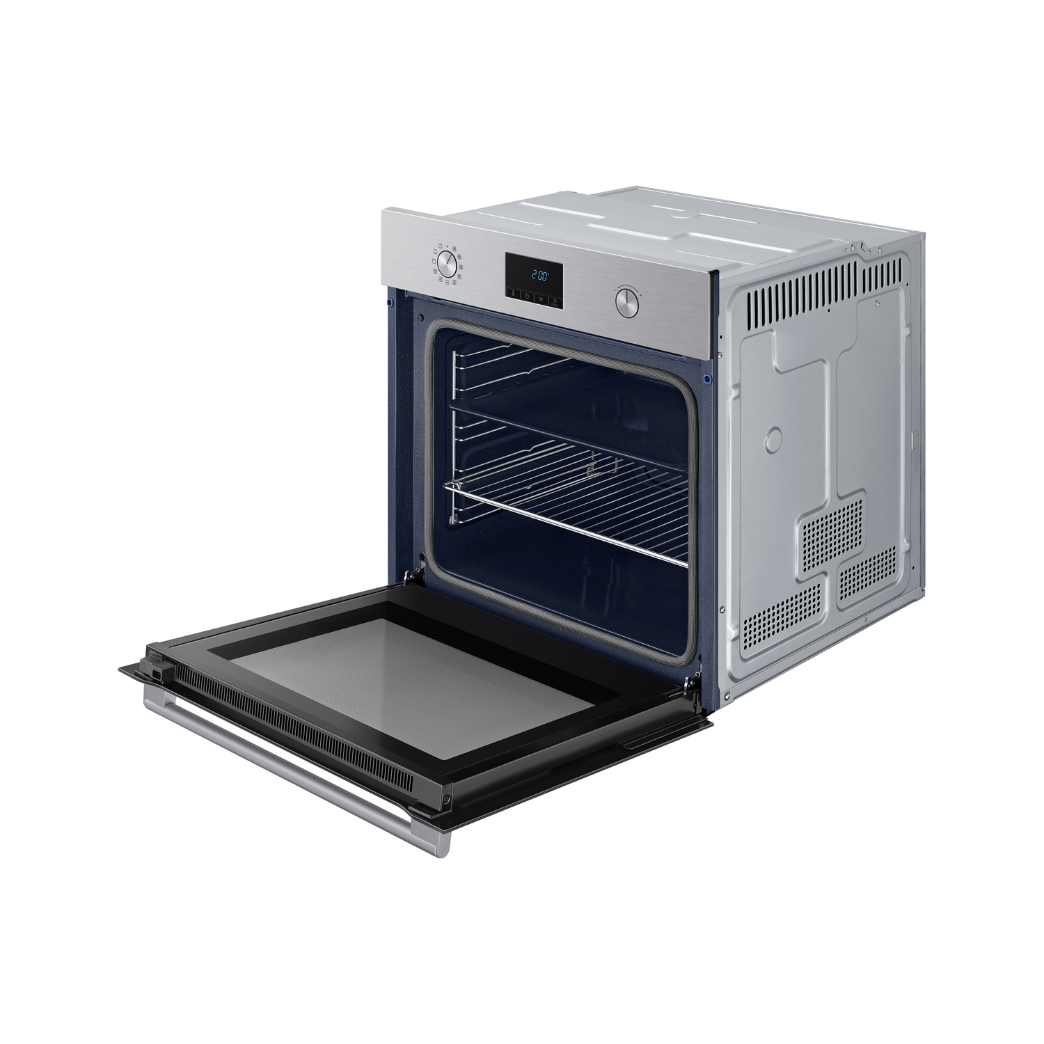 An oven with an open door, showing racks inside. The oven is silver, with a blue interior.