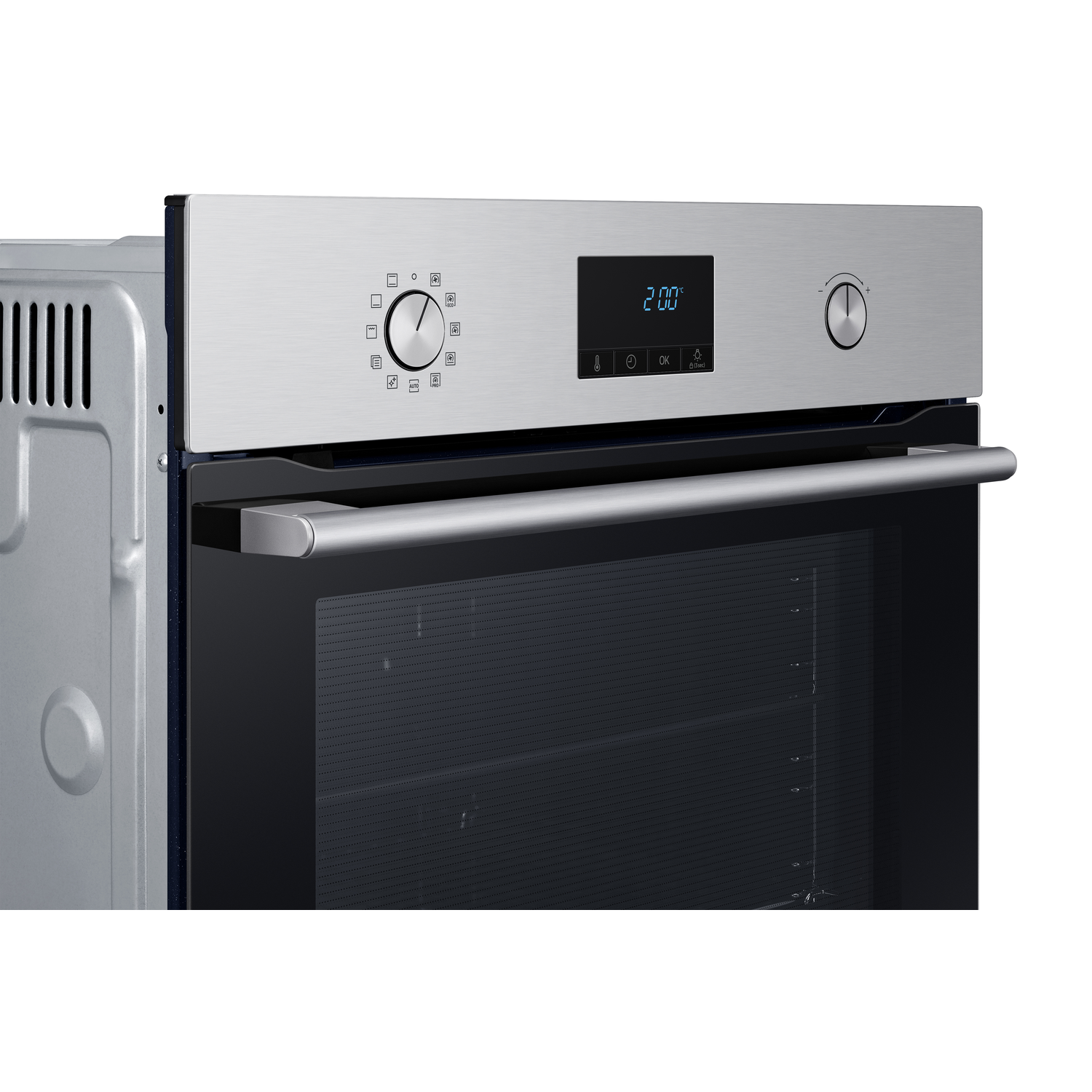 Silver oven with a digital display showing the time, control knobs, and a glass door.