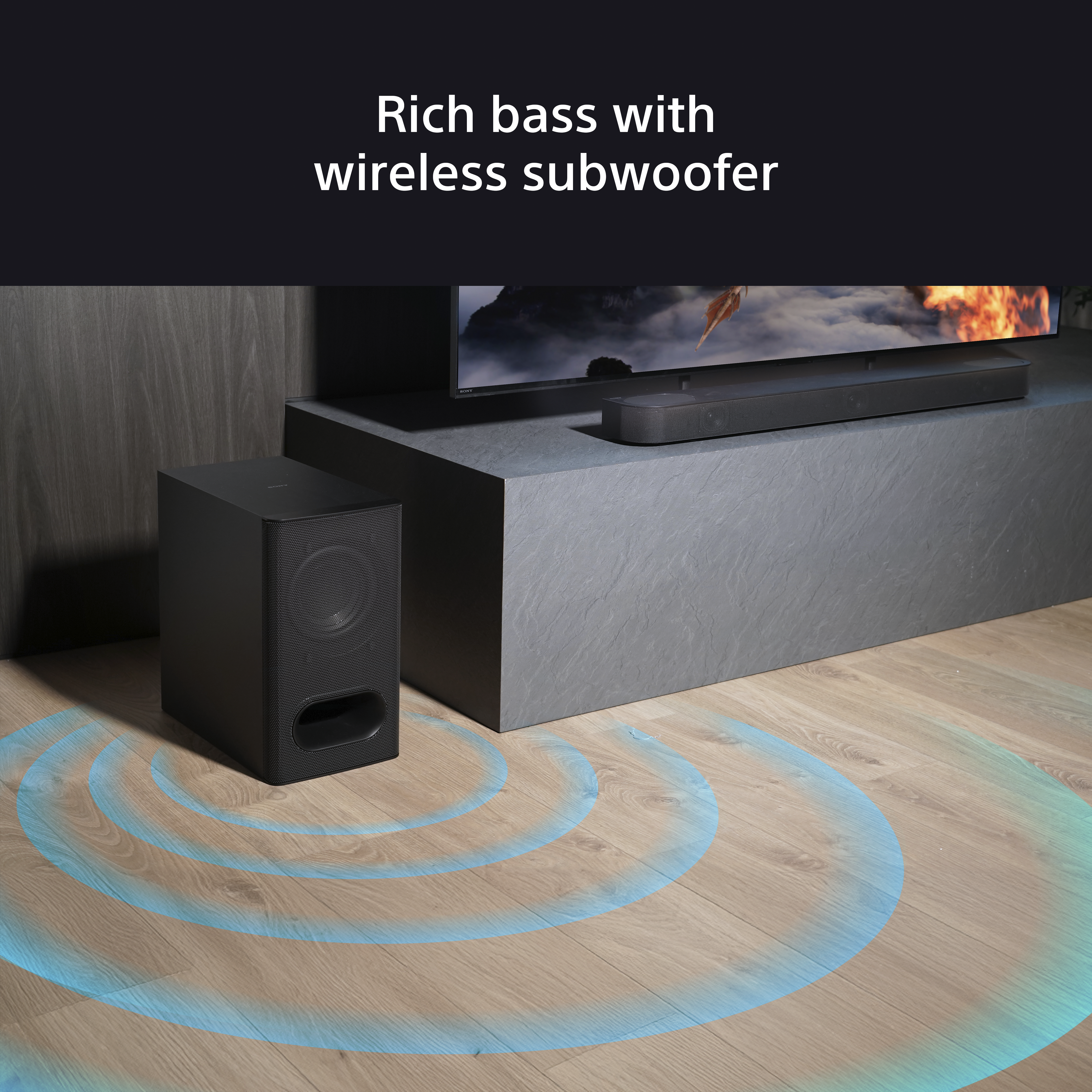 Une configuration de caisson de basses et de barre de son noire dans une pièce, avec des ondes sonores émanant du caisson.