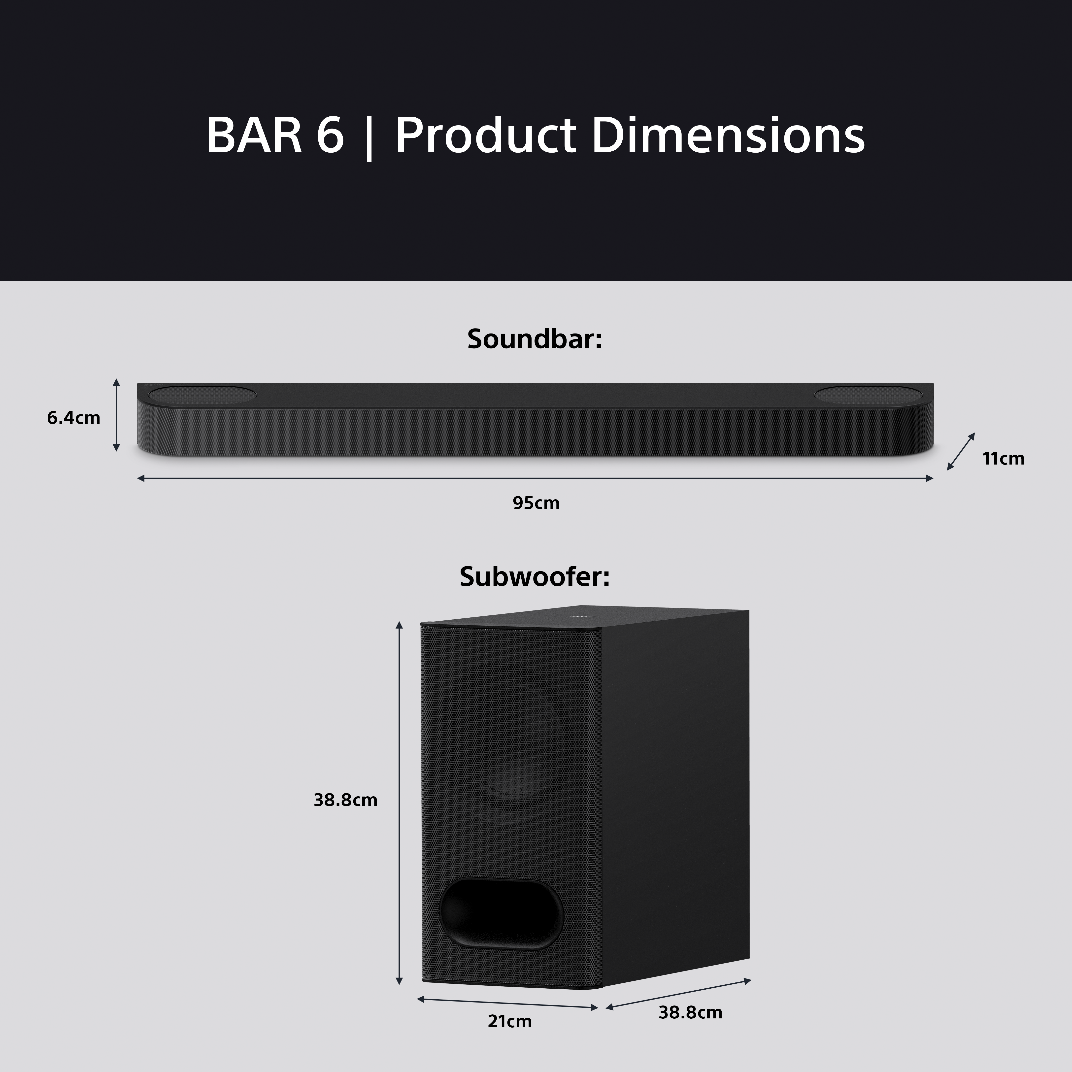 Dimensions du produit d'une barre de son et d'un caisson de basses. La barre de son est longue et fine, le caisson est une boîte.