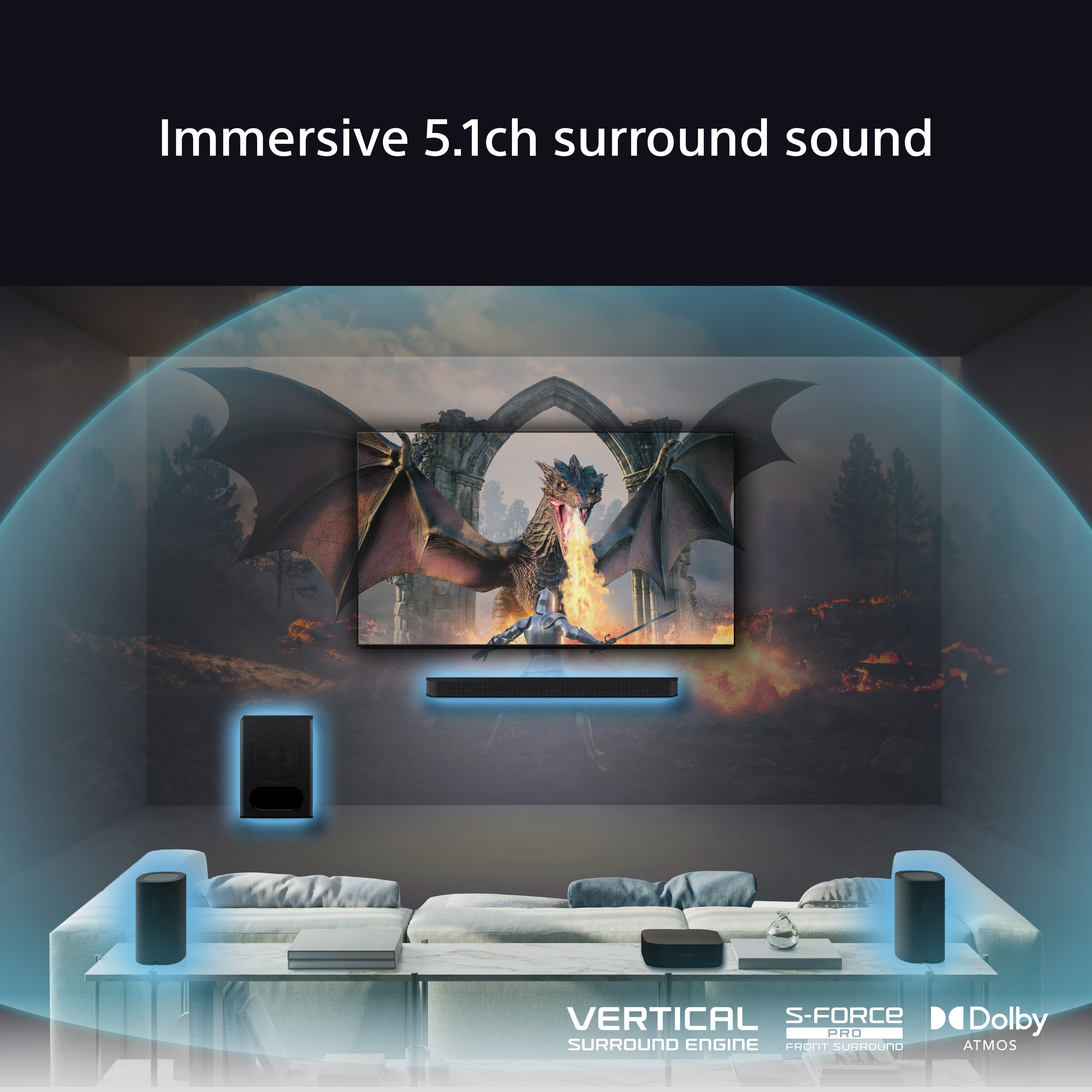 Un salon avec une télévision, une barre de son et des enceintes. Le texte en haut dit : Son surround immersif 5.1ch.