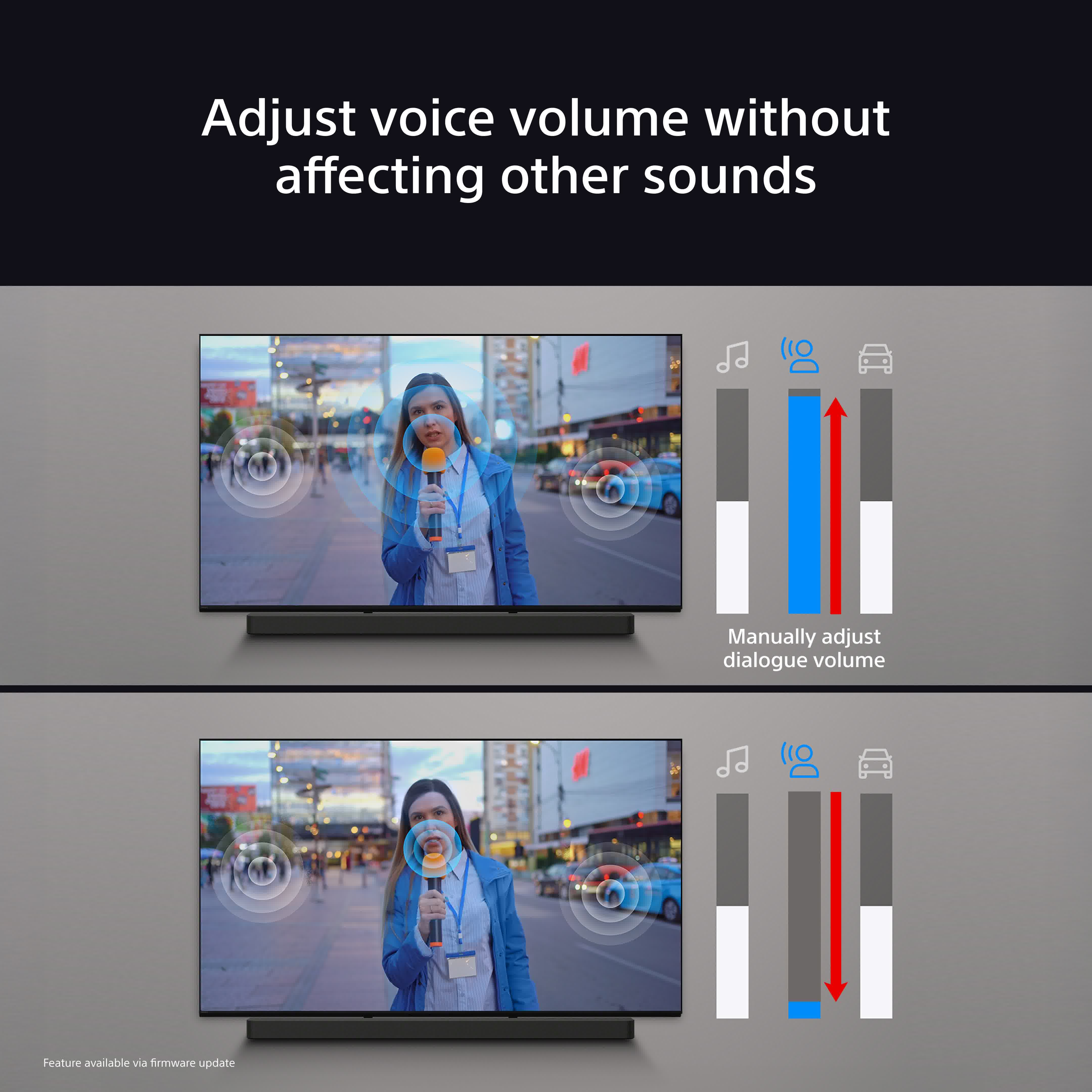 Diagramme montrant le réglage du volume vocal, barre bleue pour la voix, barre rouge pour les autres sons.