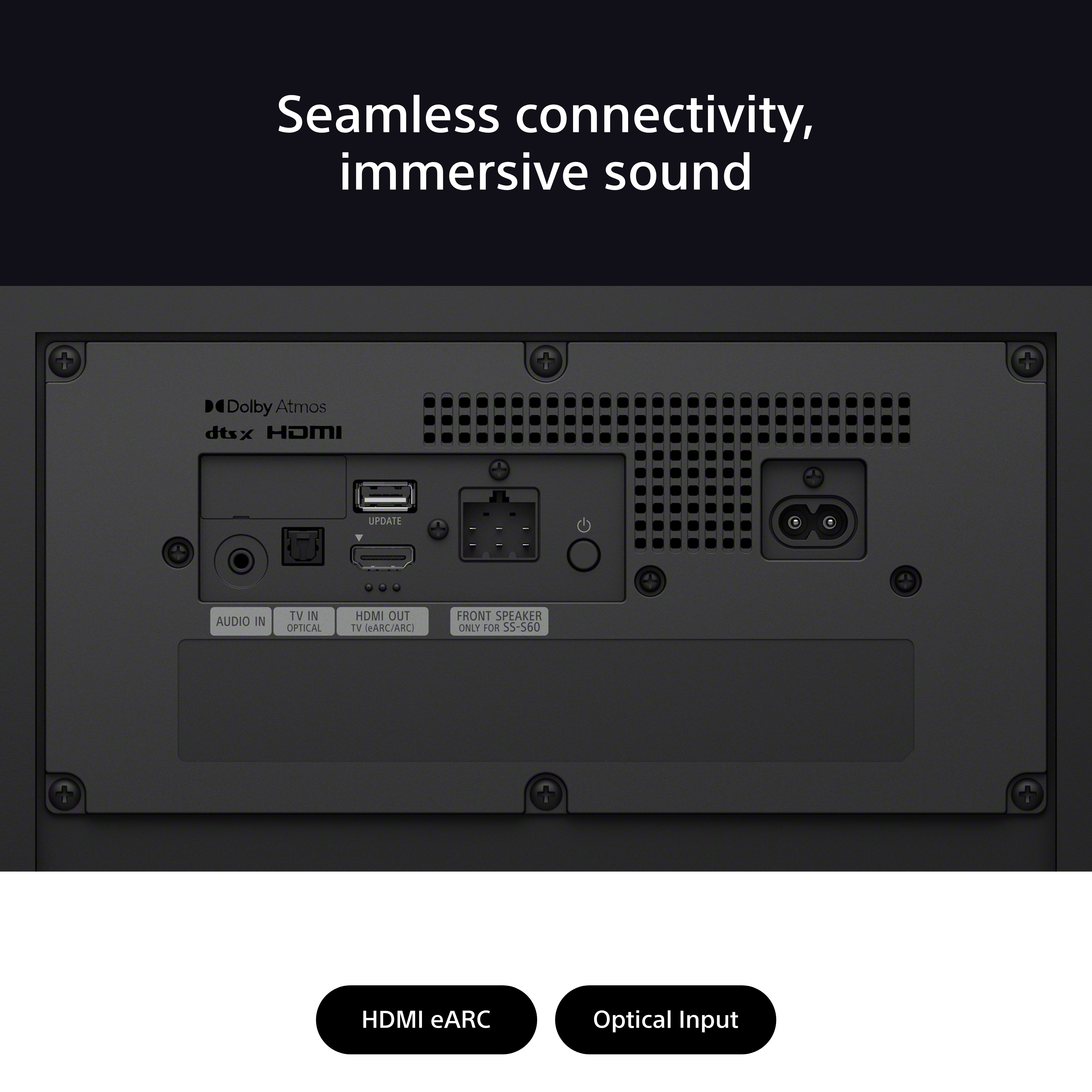 Gros plan du panneau arrière d'une barre de son noire. Les ports HDMI, audio et alimentation sont étiquetés.