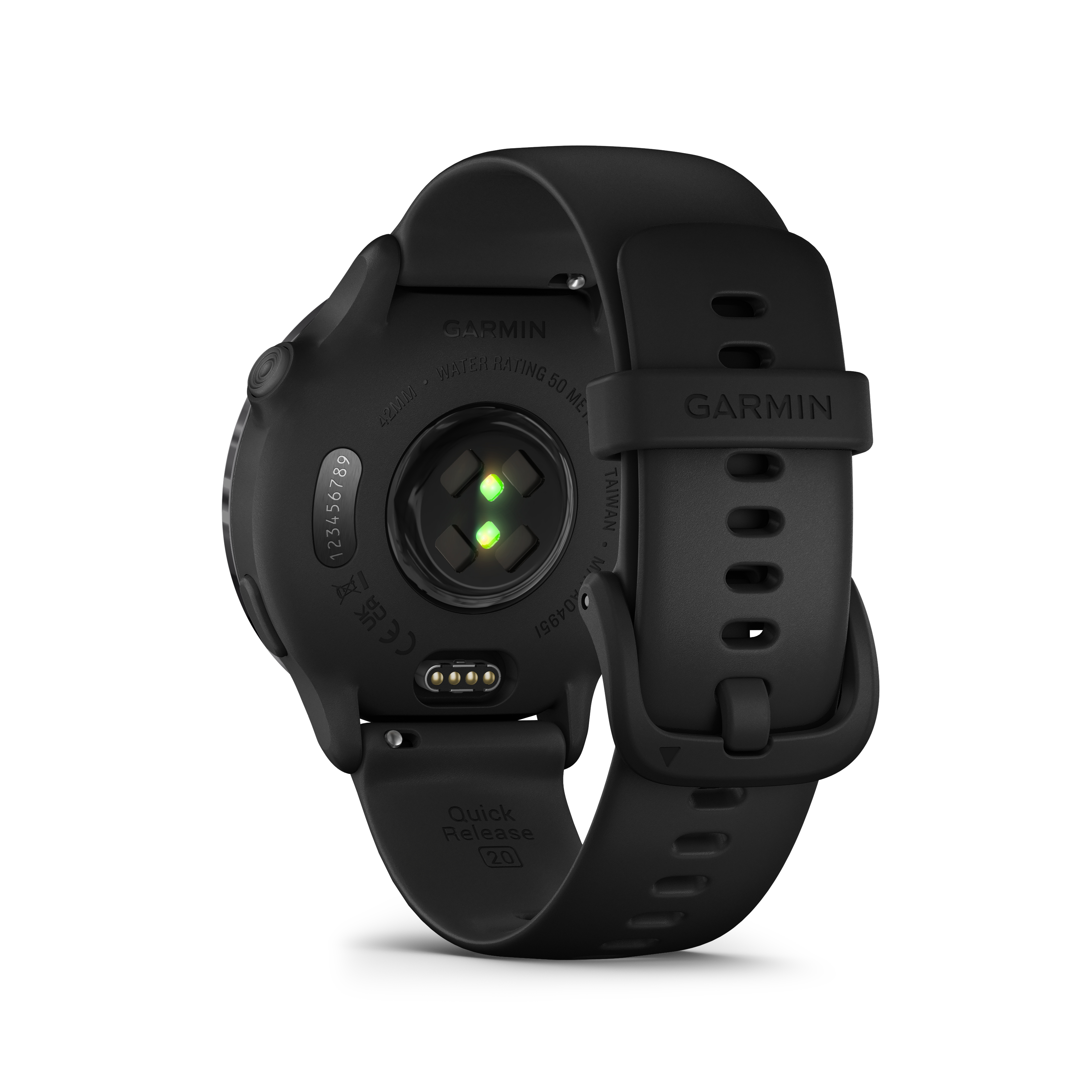 Schwarze Garmin-Uhr, Rückansicht. Merkmale sind ein Herzfrequenzsensor, ein Armband und das Garmin-Logo. Weißer Hintergrund.