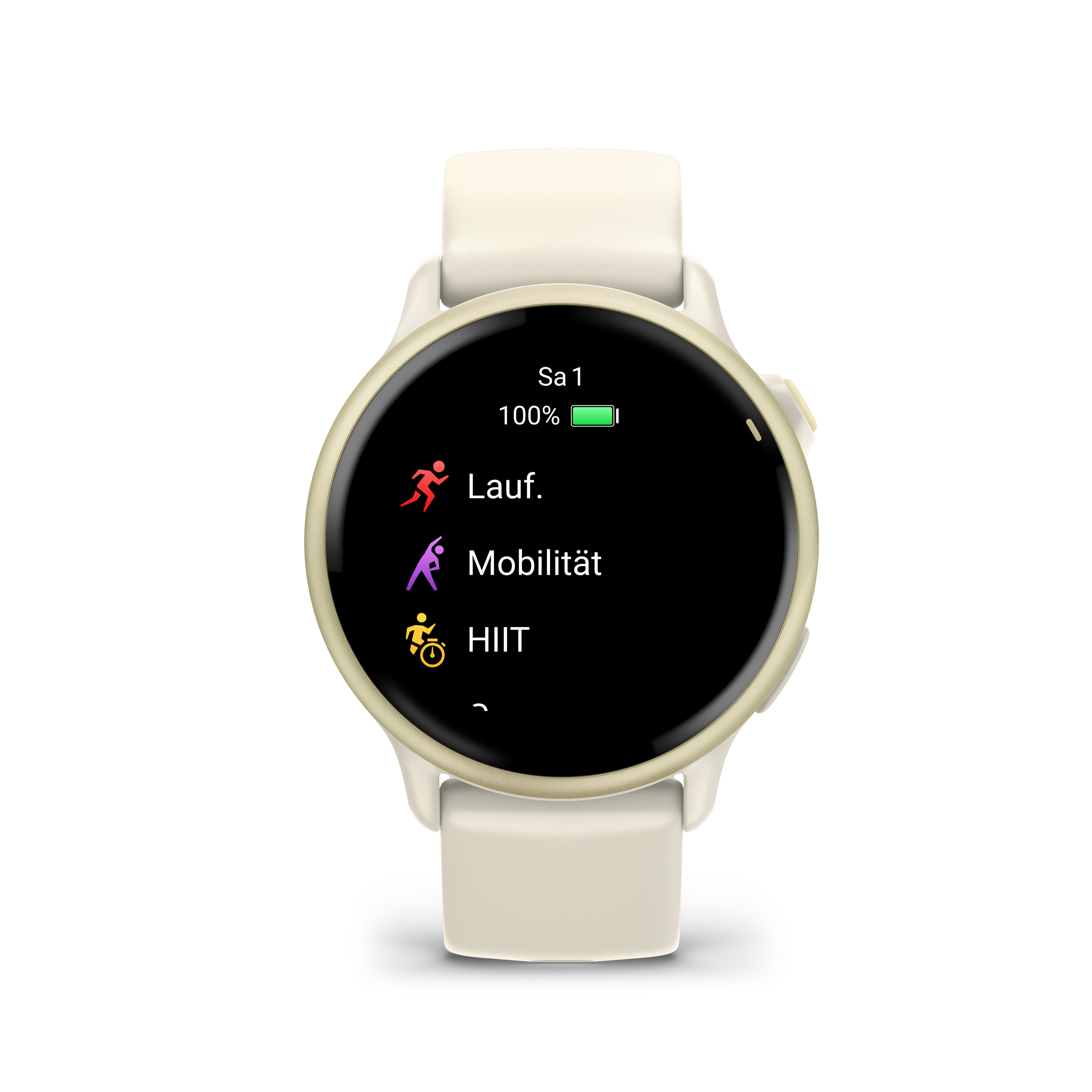 Eine cremefarbene Smartwatch zeigt Lauf-, Mobilitäts- und HIIT-Workout-Optionen an. Der Akku hat 100%.