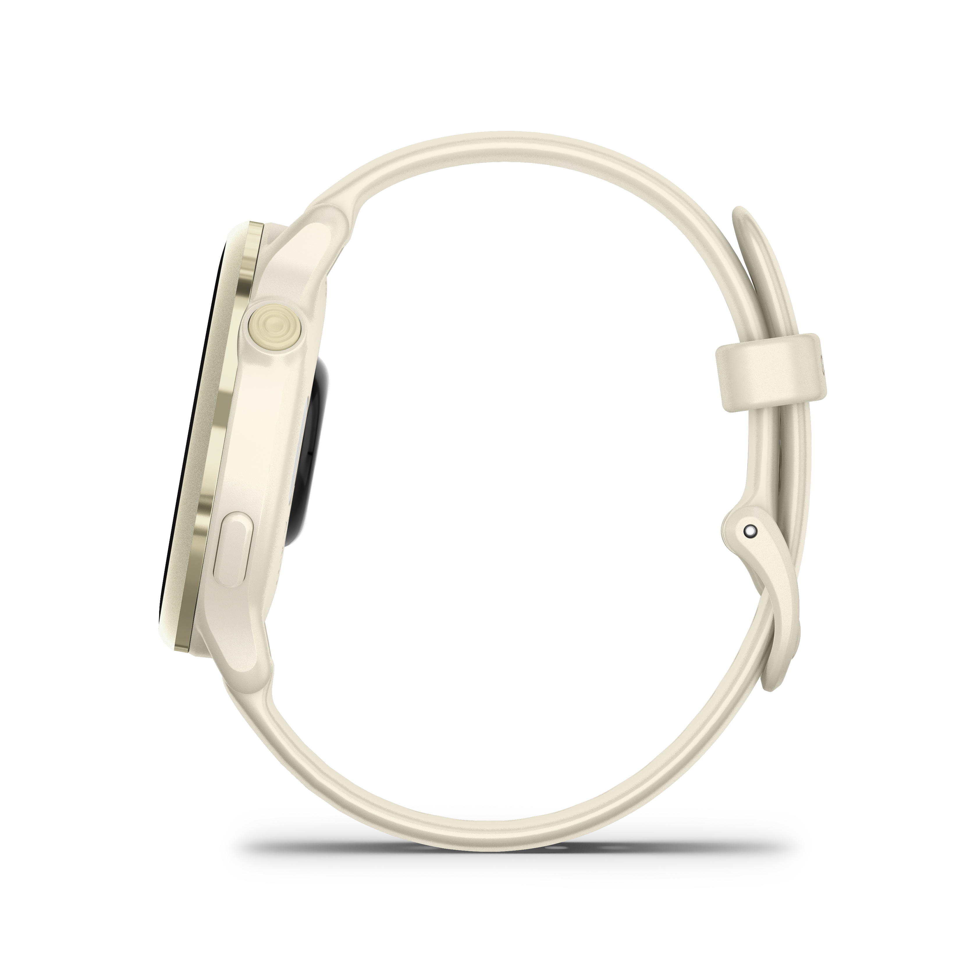 Cremefarbene Smartwatch mit rundem Zifferblatt und Armband, Seitenansicht, auf weißem Hintergrund.