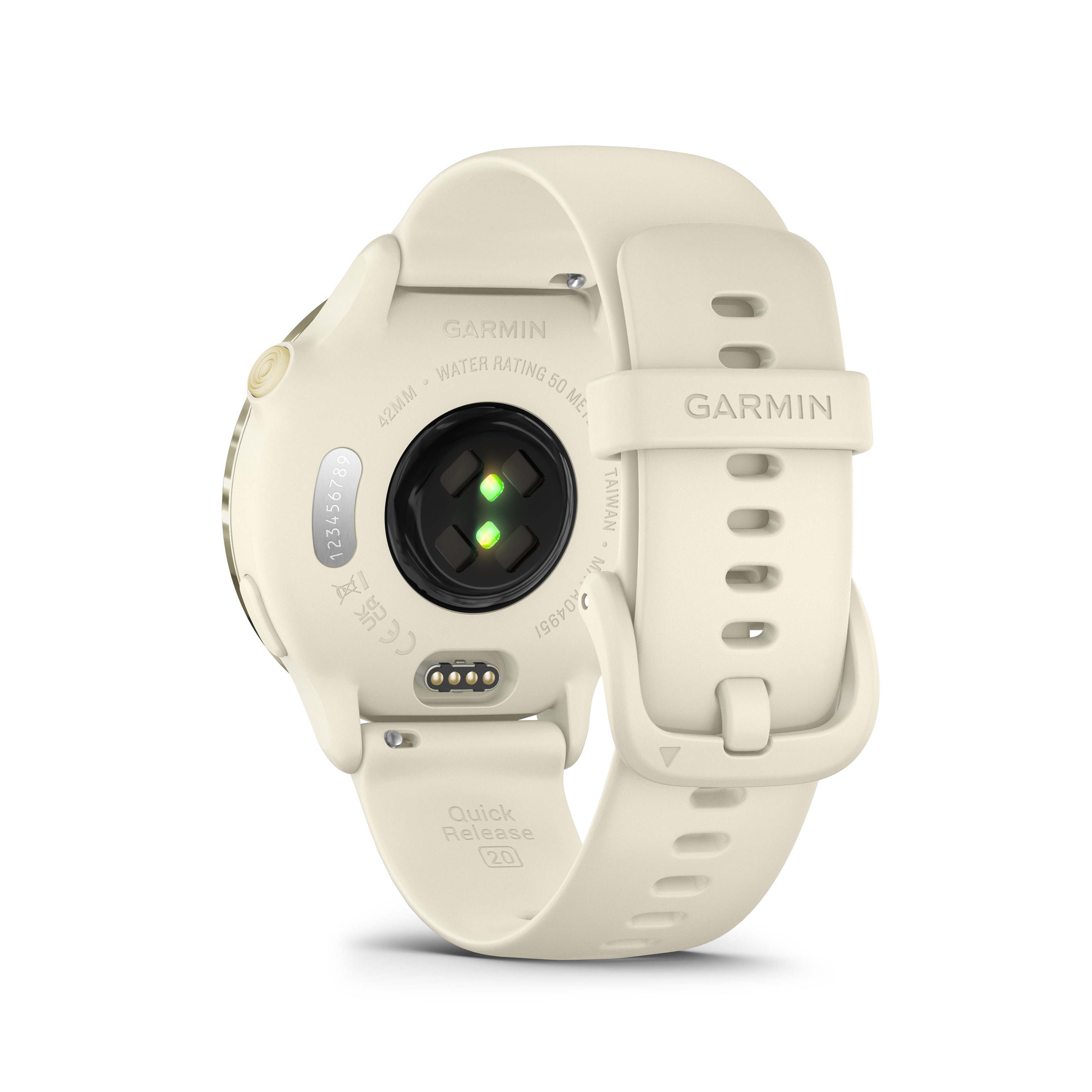 Rückansicht einer cremefarbenen Garmin-Smartwatch mit Sensoren, Armband und Branding. Die Uhr befindet sich auf weißem Hintergrund.