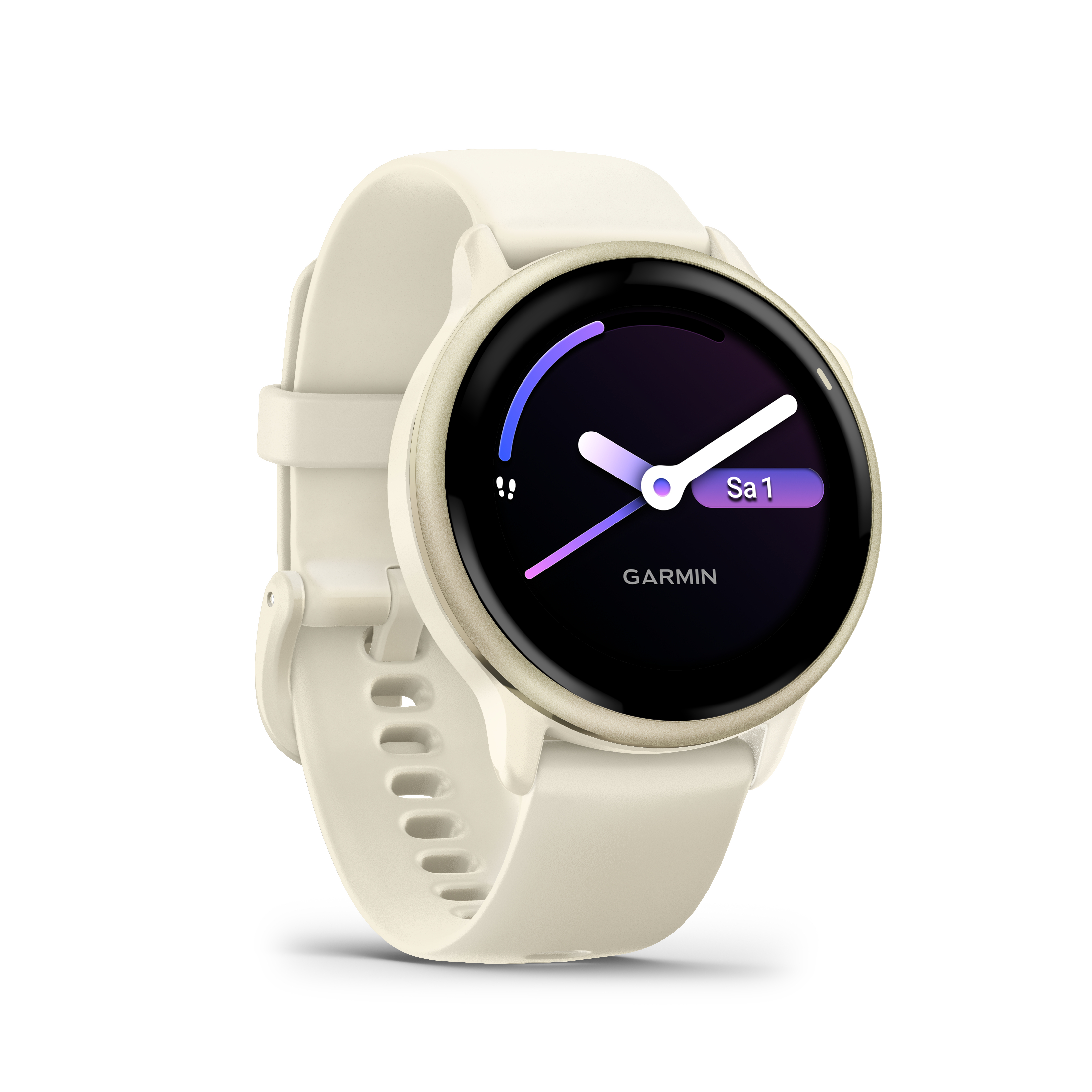 Cremefarbene Garmin-Smartwatch. Das runde Zifferblatt zeigt Uhrzeit und Sa 1 an. Die Uhr hat ein cremefarbenes Armband.