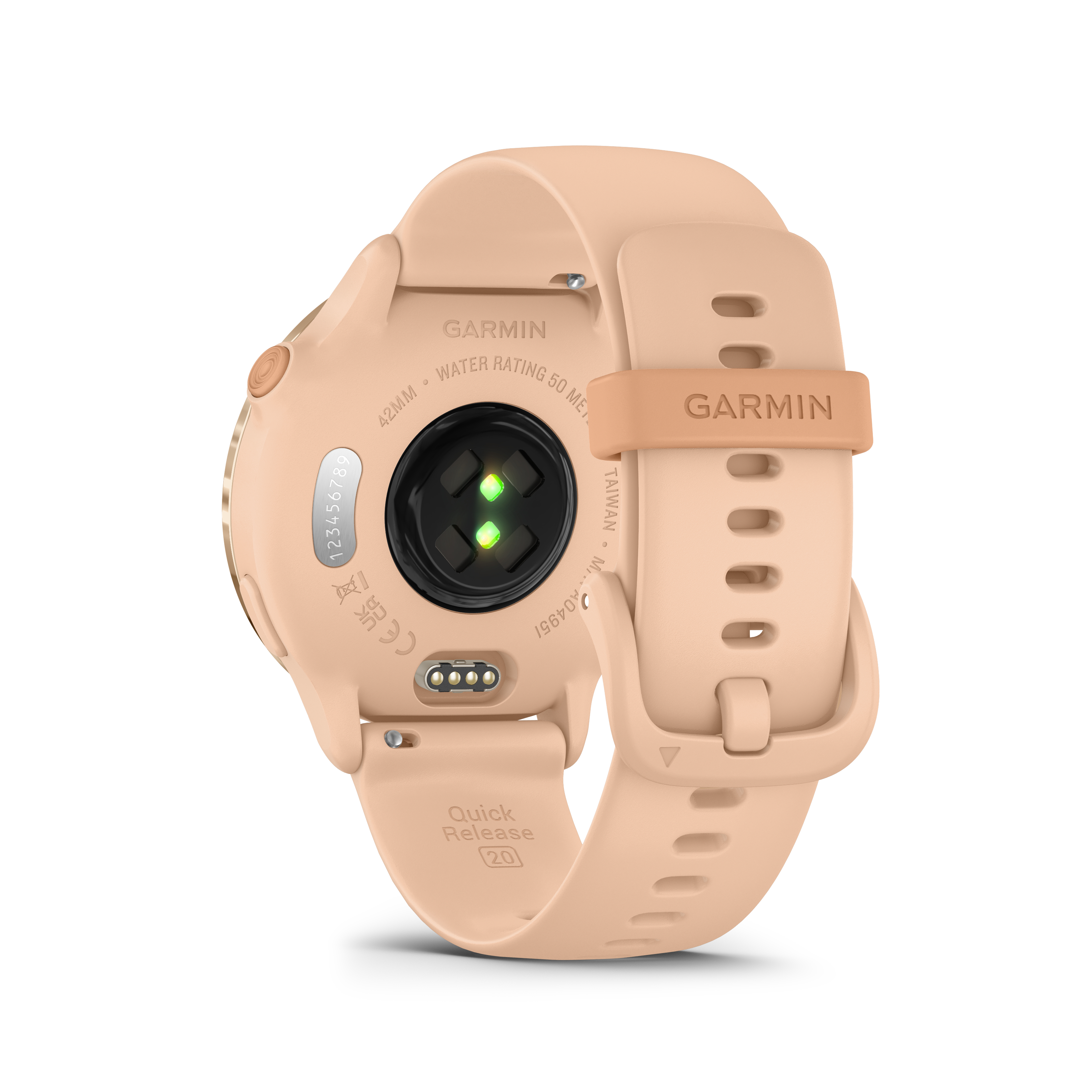Rückansicht einer beigefarbenen Garmin-Smartwatch. Armband und Uhrengehäuse sind beige. Details sind das Garmin-Logo und der Sensor.
