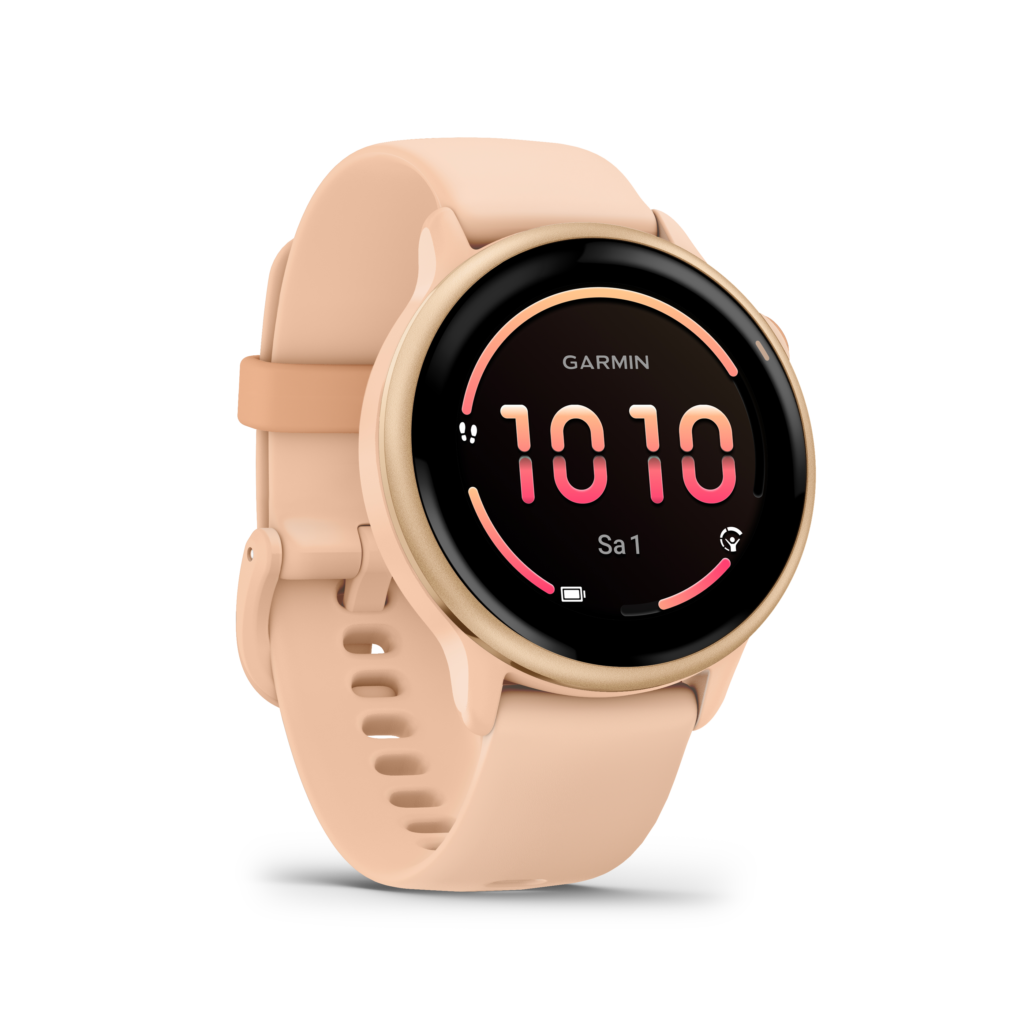 Eine Garmin-Smartwatch mit hellbraunem Armband und goldener Lünette. Der Bildschirm zeigt '1010' und 'Sa 1'.
