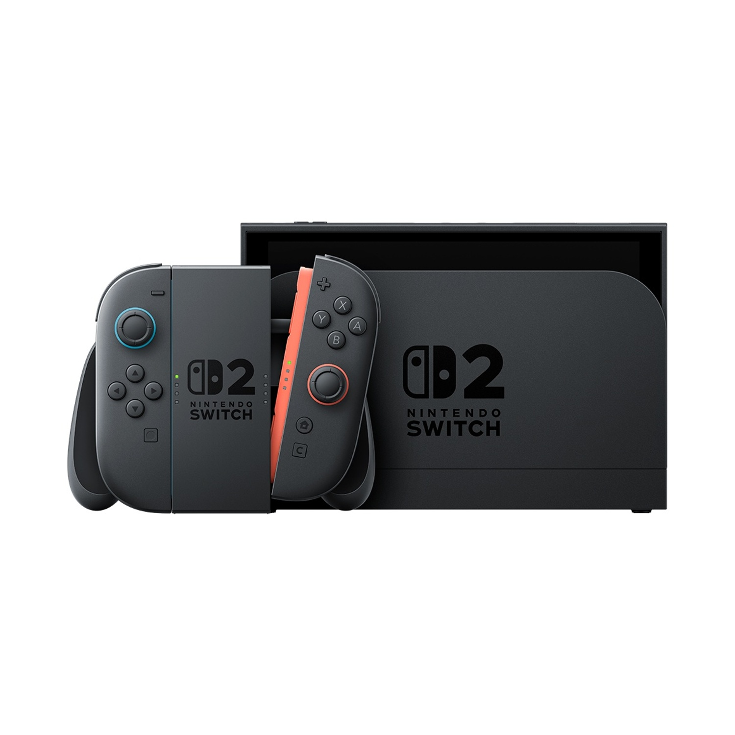 Nintendo Switch con Joy-Con su sfondo bianco. Il dispositivo è nero e rosso.