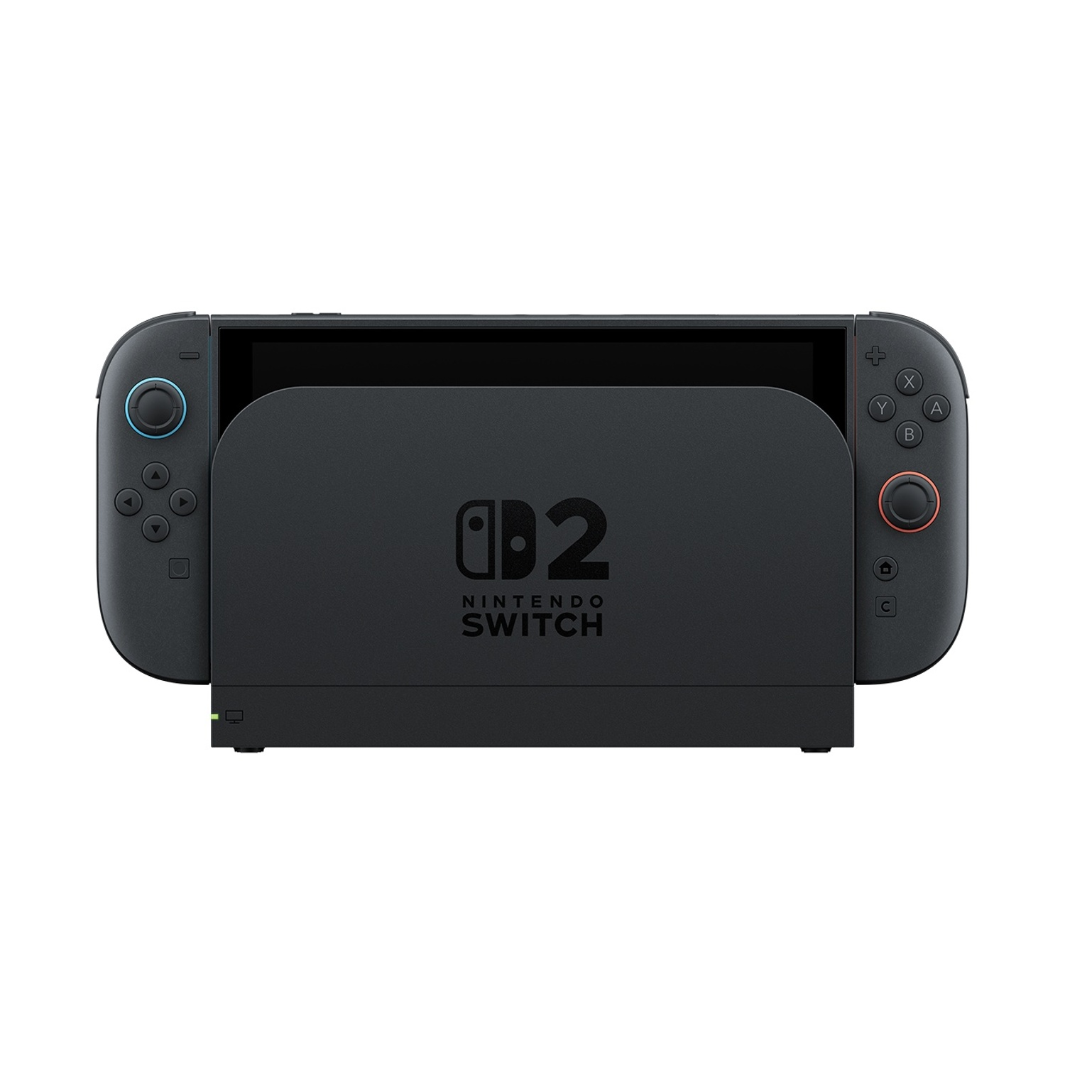 Una console Nintendo Switch nera inserita in una stazione di ricarica nera, con Joy-Cons collegati.