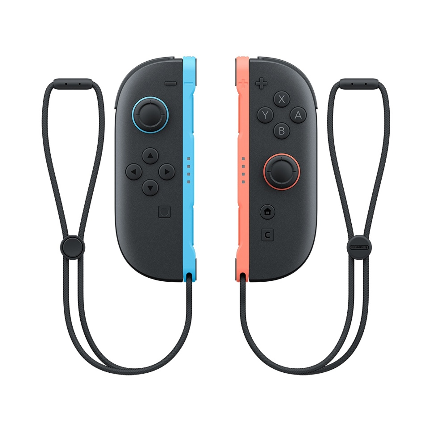 Due controller Nintendo Switch. Uno blu, uno rosso, con cinturini da polso attaccati.