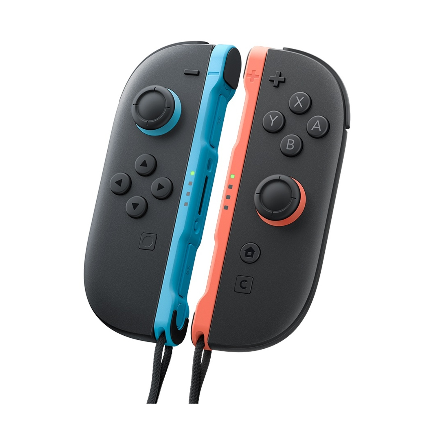 Due controller Joy-Con di Nintendo Switch. Uno blu, uno arancione, entrambi con pulsanti, cinturini neri.