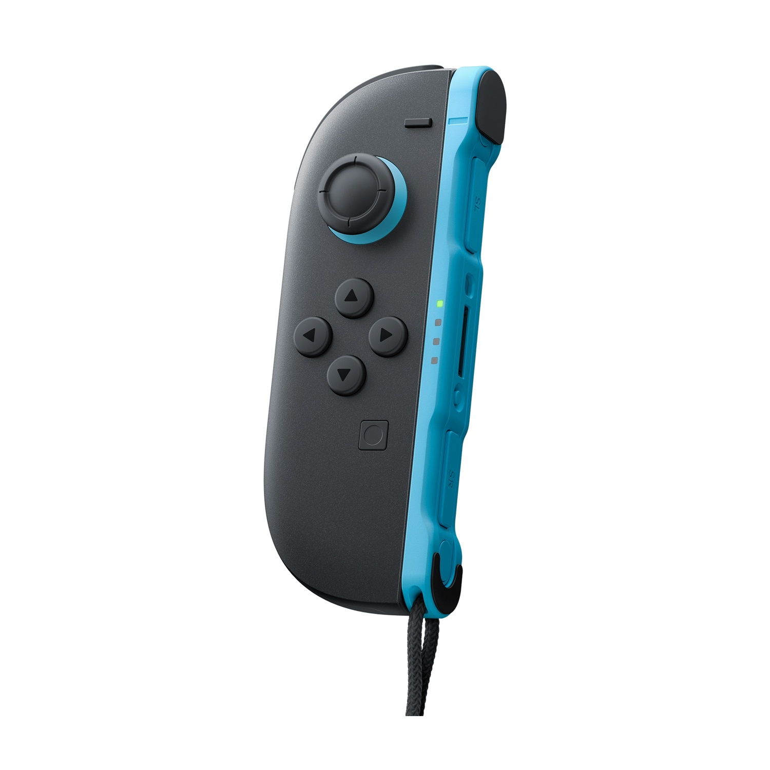 Un controller blu e nero per una console di gioco, con pulsanti e un cinturino, su sfondo bianco.