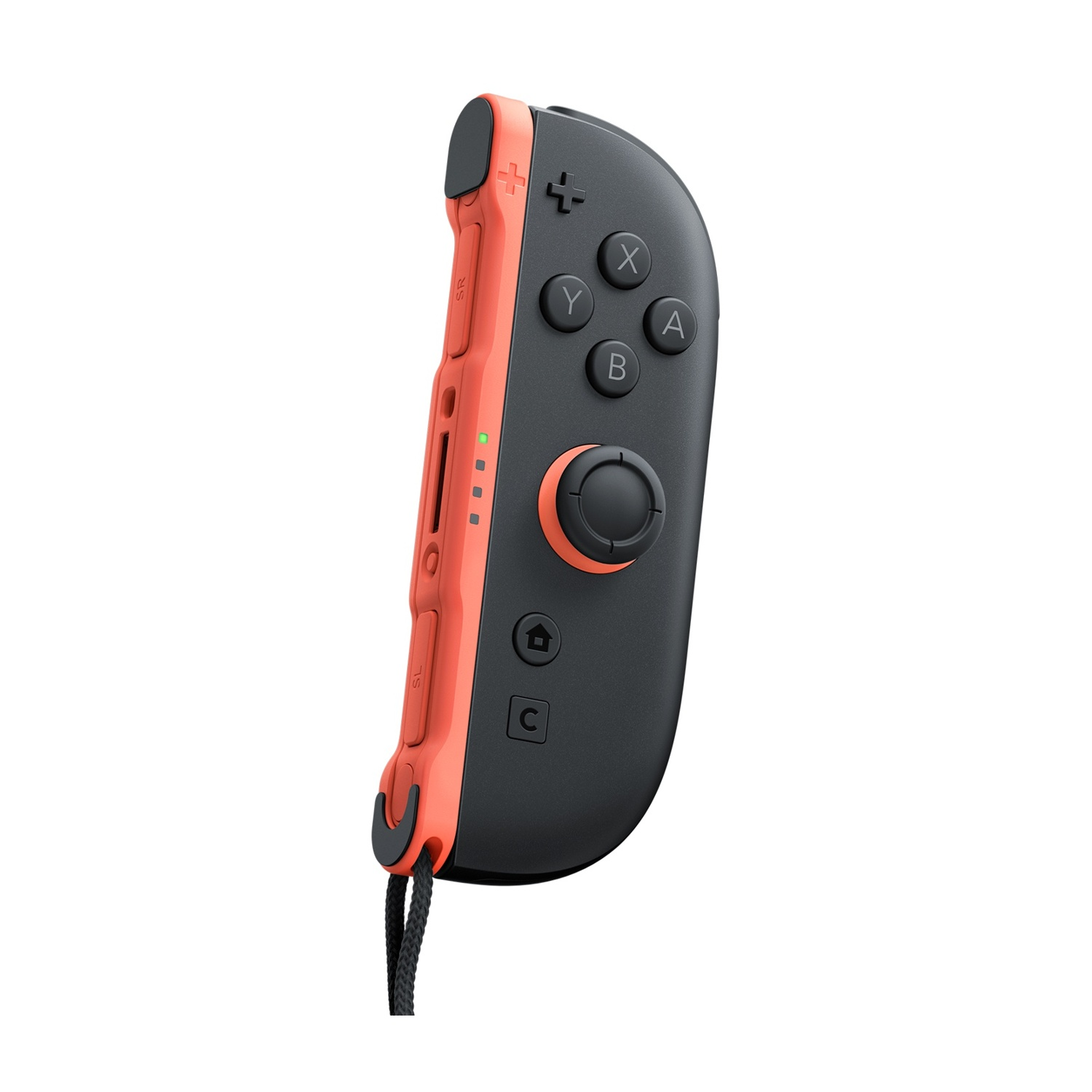 Controller Nintendo Switch rosso e nero. Pulsanti, joystick e cinturino da polso visibili.
