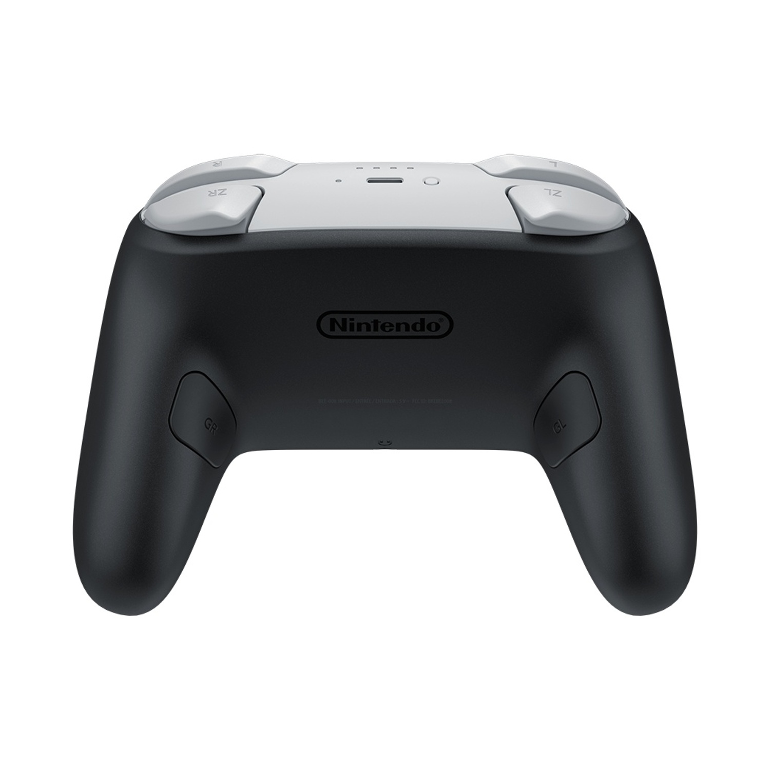 Un controller Nintendo nero e grigio con pulsanti bianchi.