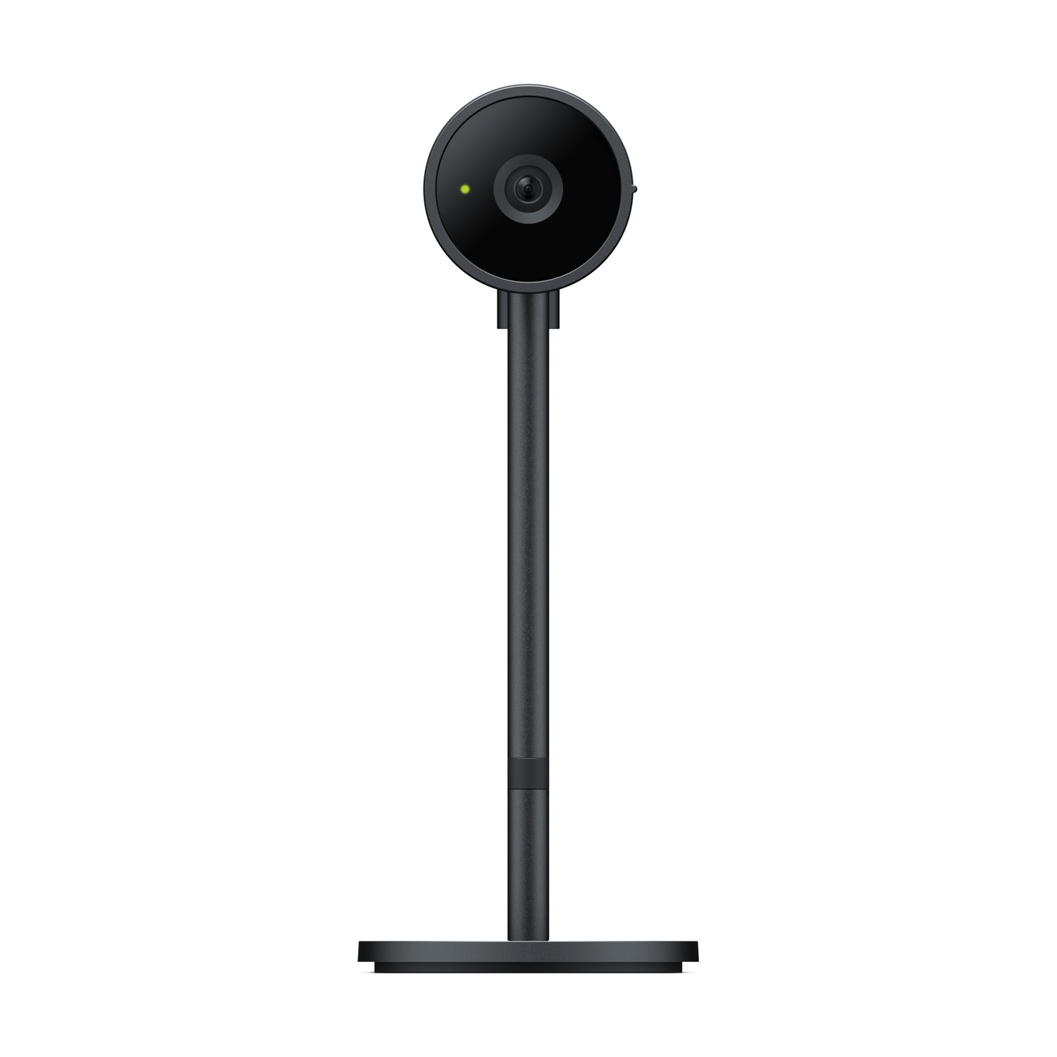 Webcam nera su un supporto. Ha una lente circolare e una spia verde, sfondo bianco.