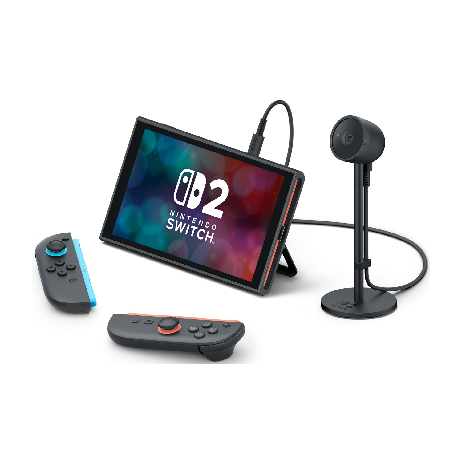 Nintendo Switch con controller e una fotocamera su una superficie bianca. Isolato.