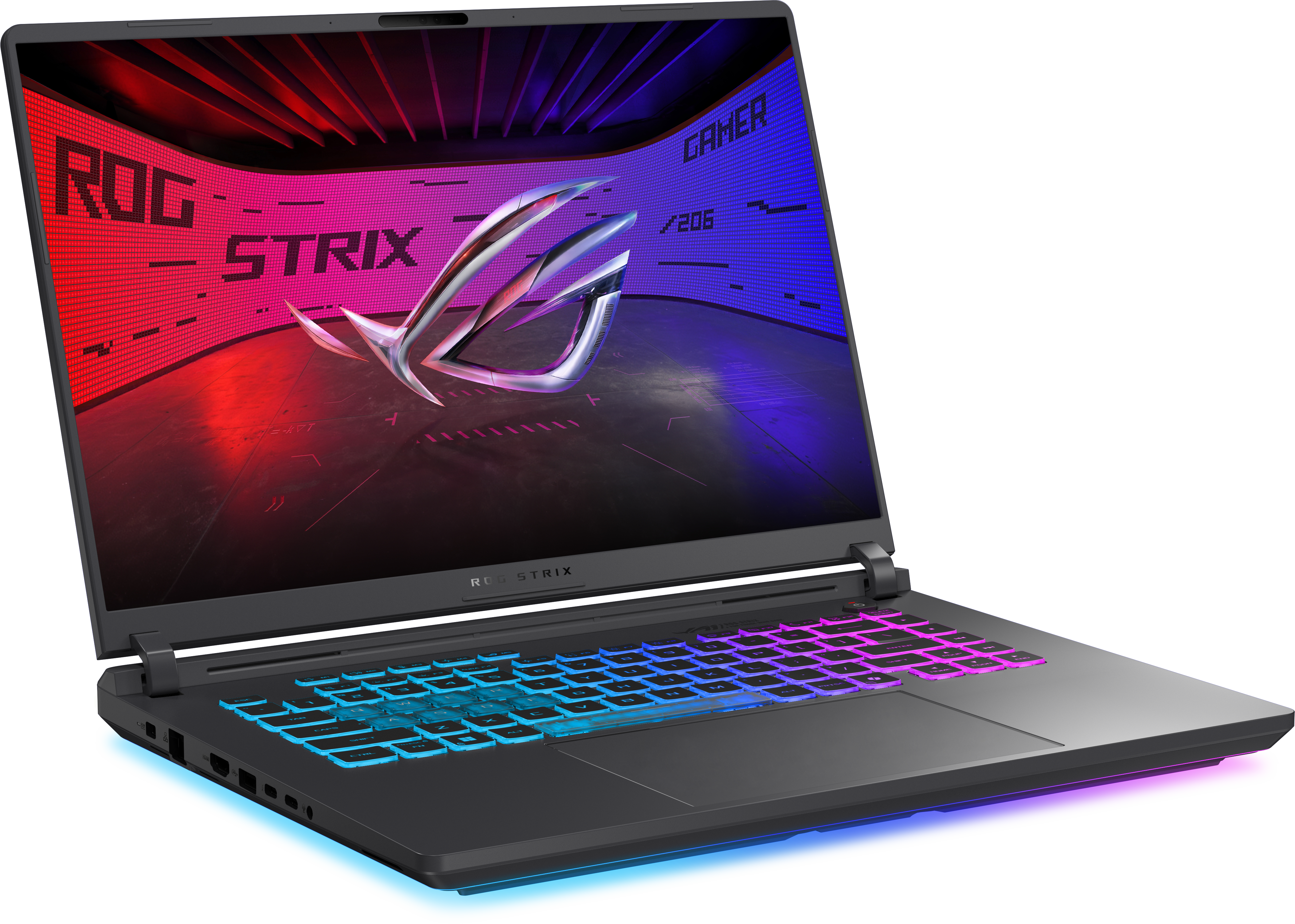 Ein Gaming-Laptop mit offenem Bildschirm, der eine lebendige Anzeige und eine farbenfrohe, hintergrundbeleuchtete Tastatur zeigt.