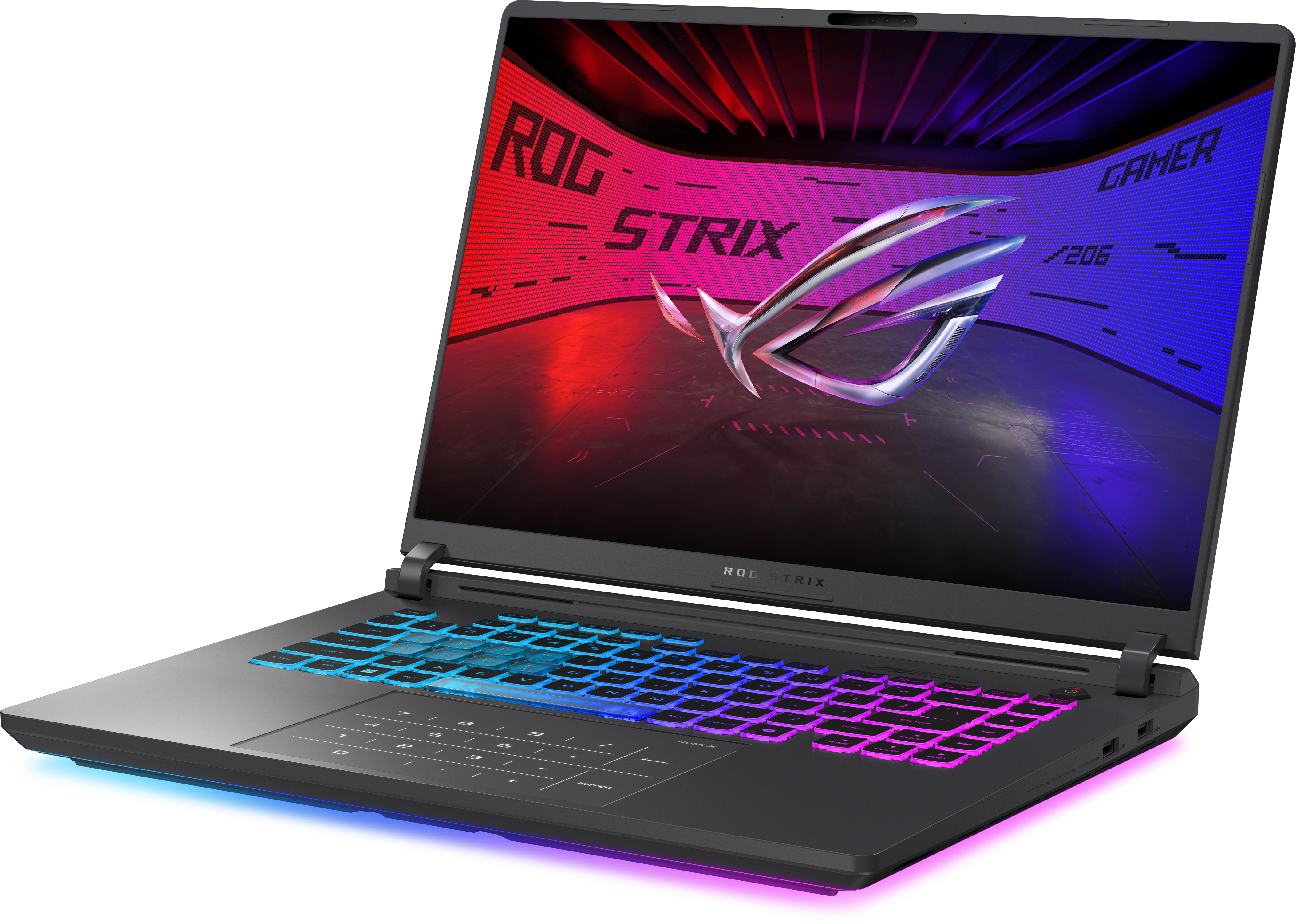 Gaming-Laptop mit Hintergrundbeleuchtung. Der Bildschirm zeigt ROG STRIX, die Tastatur leuchtet farbig.