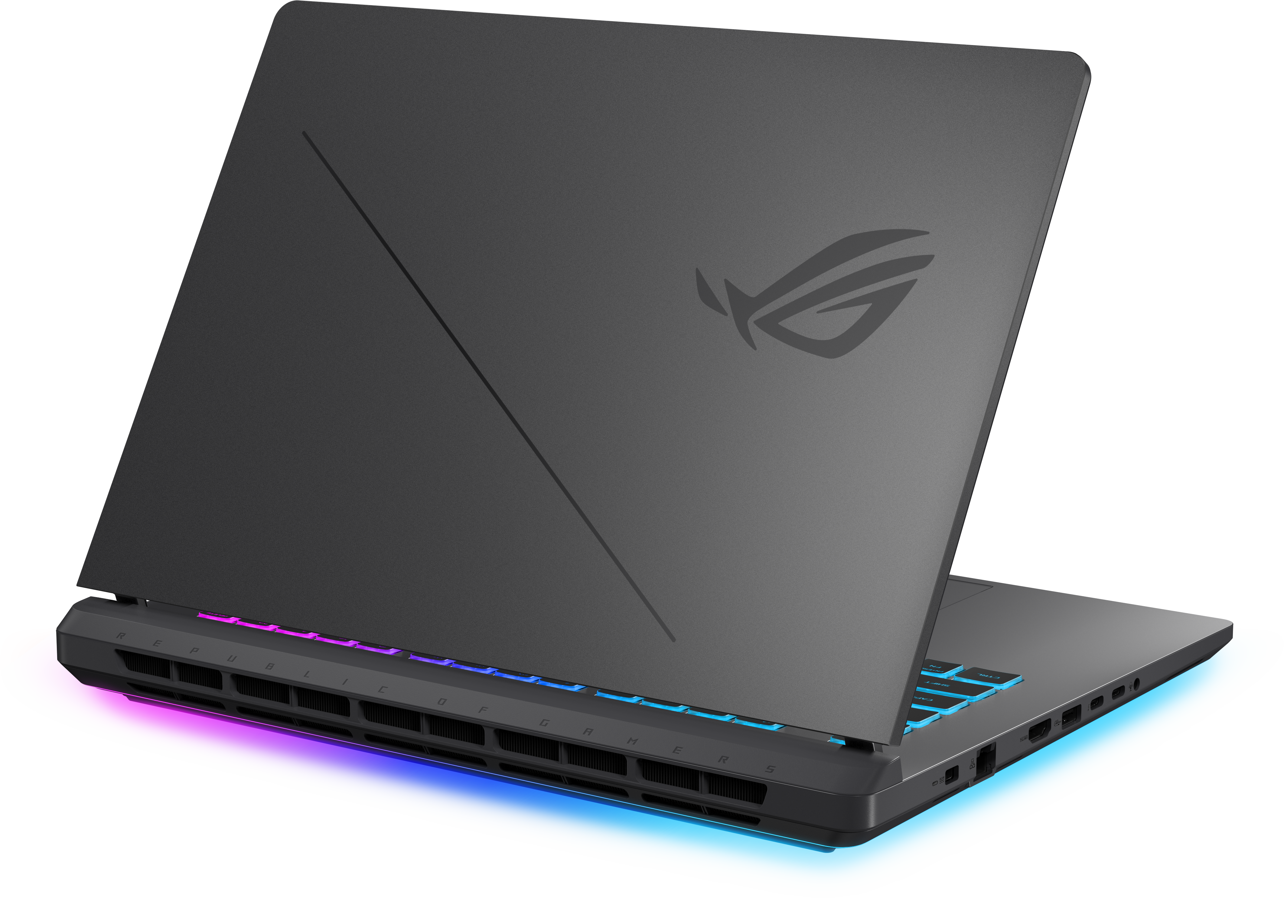 Schwarzer Laptop mit ROG-Logo, geöffnet, mit farbigem Licht unter der Tastatur.