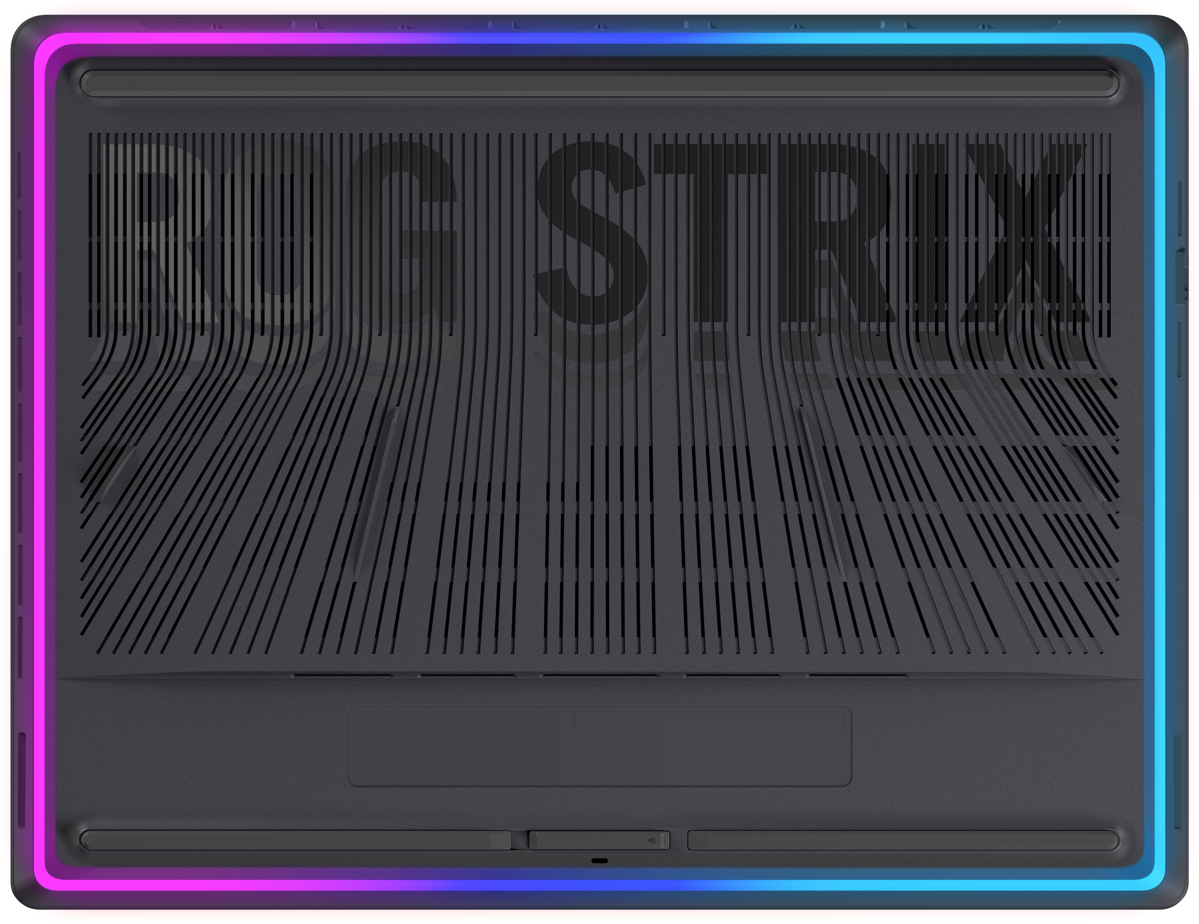 Unteransicht eines schwarzen Laptops mit beleuchteten Kanten. Die Oberfläche hat Lüftungsschlitze und den Text "ROG STRIX".
