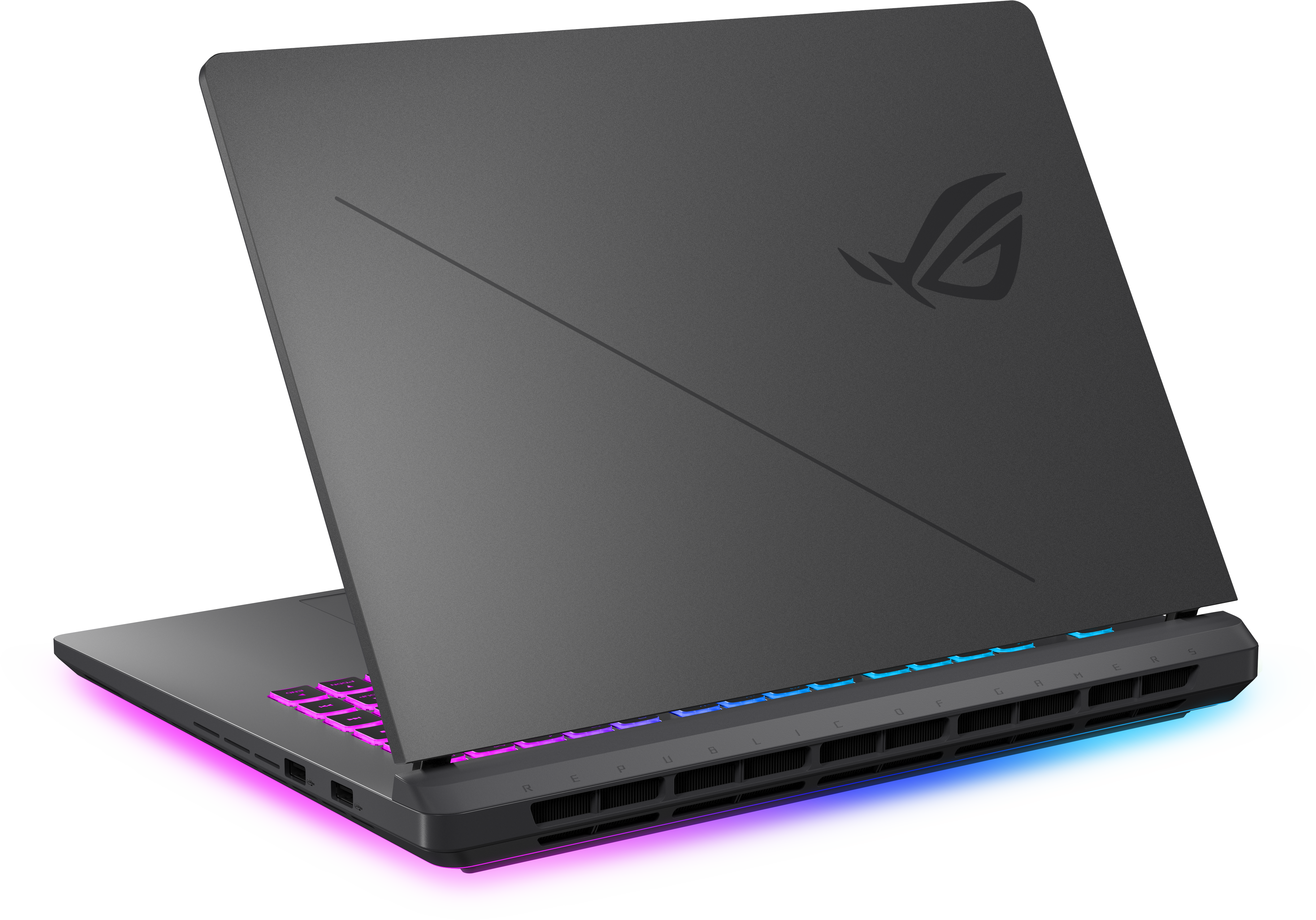 Dunkelgrauer Laptop, angewinkelt geöffnet, zeigt Tastatur und Unterseite mit leuchtenden Lichtern, dunkler Hintergrund.