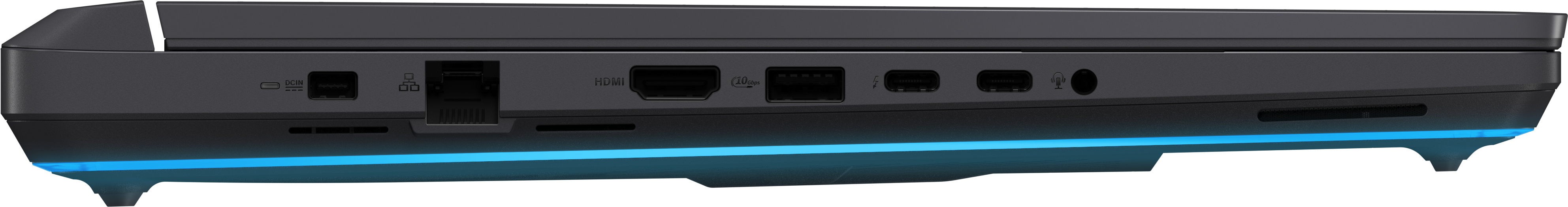 Seitenansicht eines Laptops mit Anschlüssen: USB, HDMI und Stromanschluss.