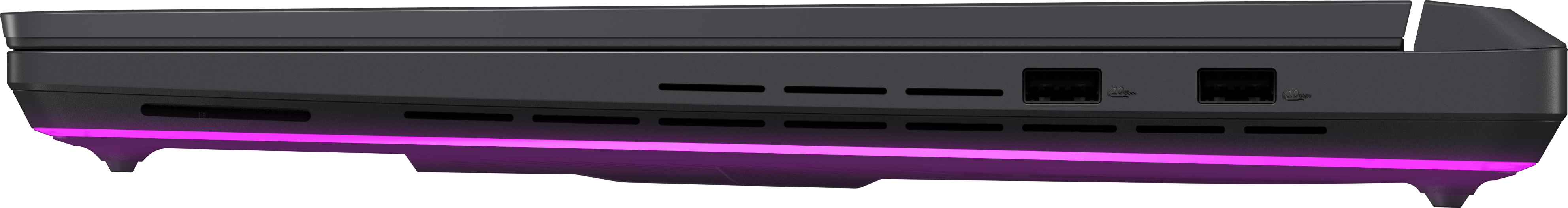 Seitenansicht eines Laptops mit rosa beleuchteter Basis und dunklem Gehäuse.