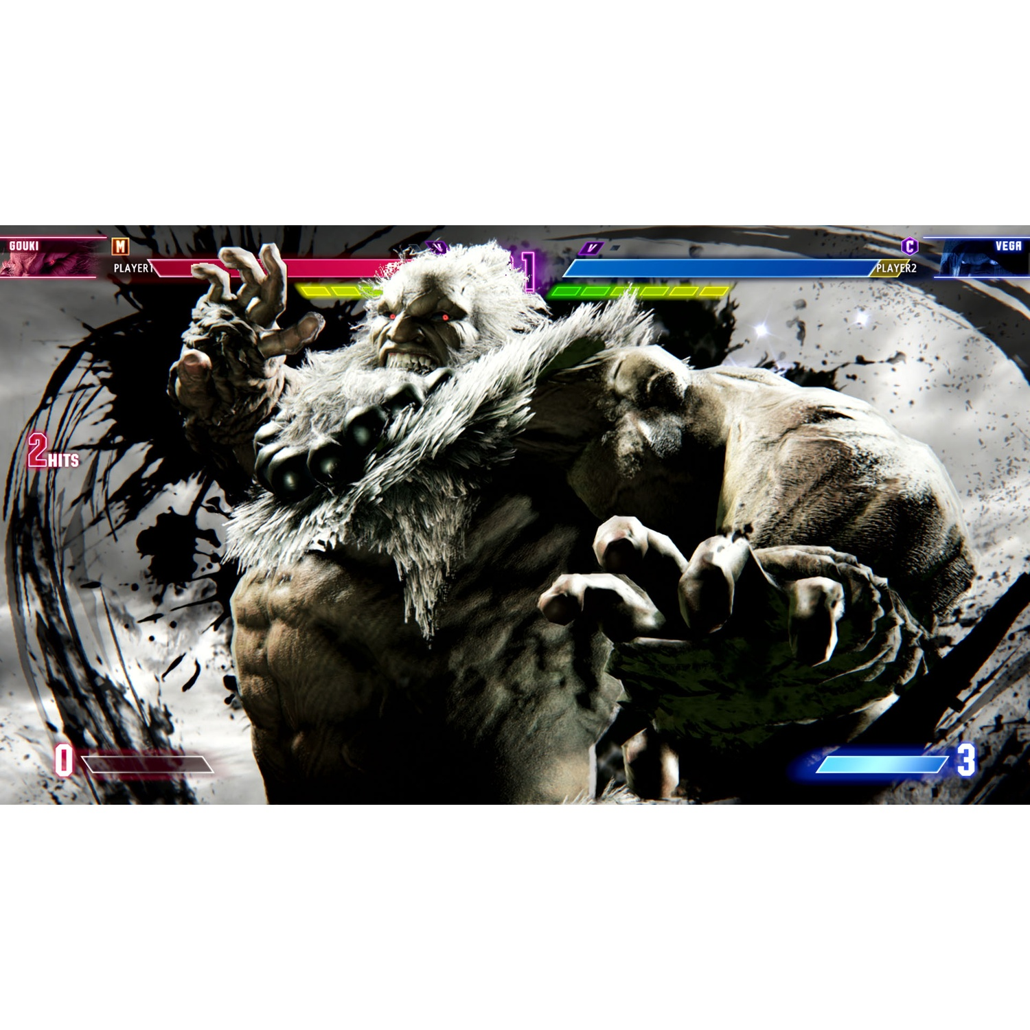 Una scena di videogioco con due personaggi che combattono, con barre della salute e un display del punteggio.