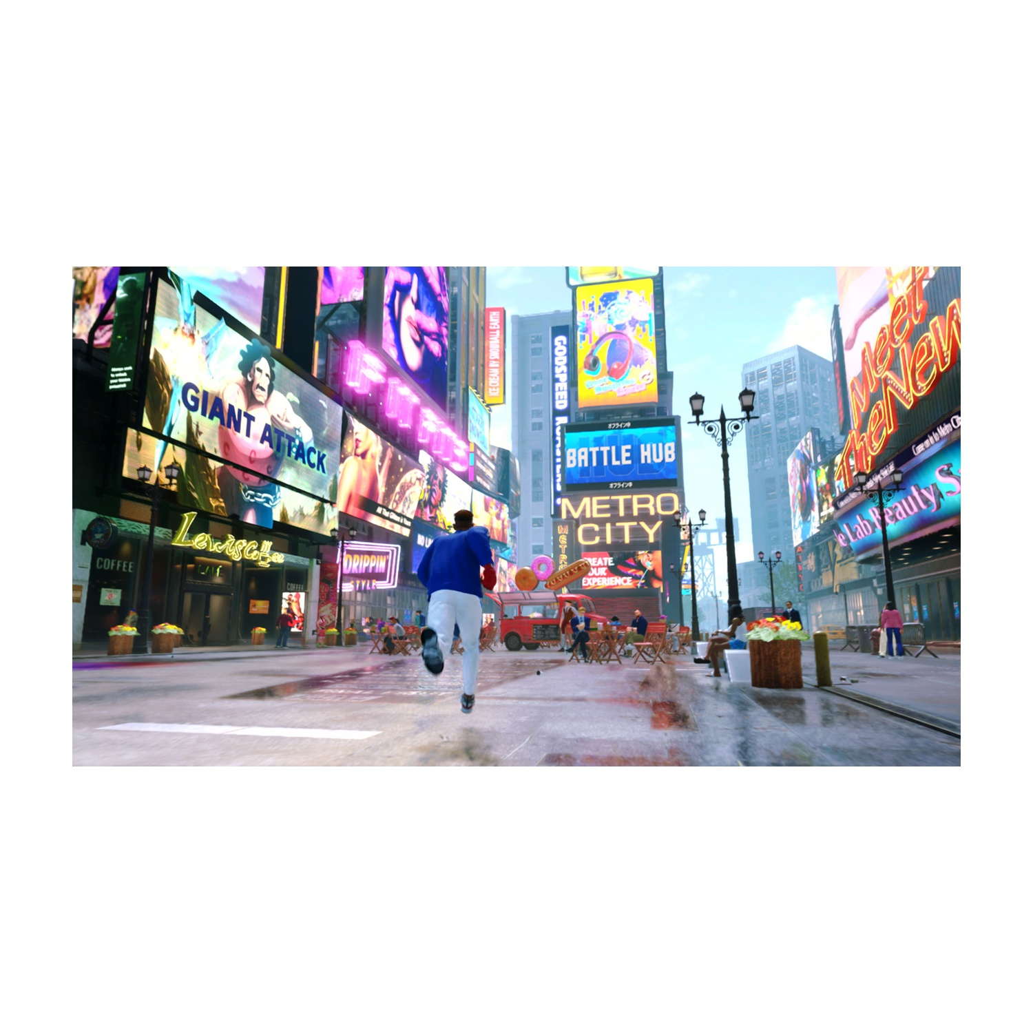 Una persona corre per una strada cittadina con grandi insegne al neon e luci colorate.