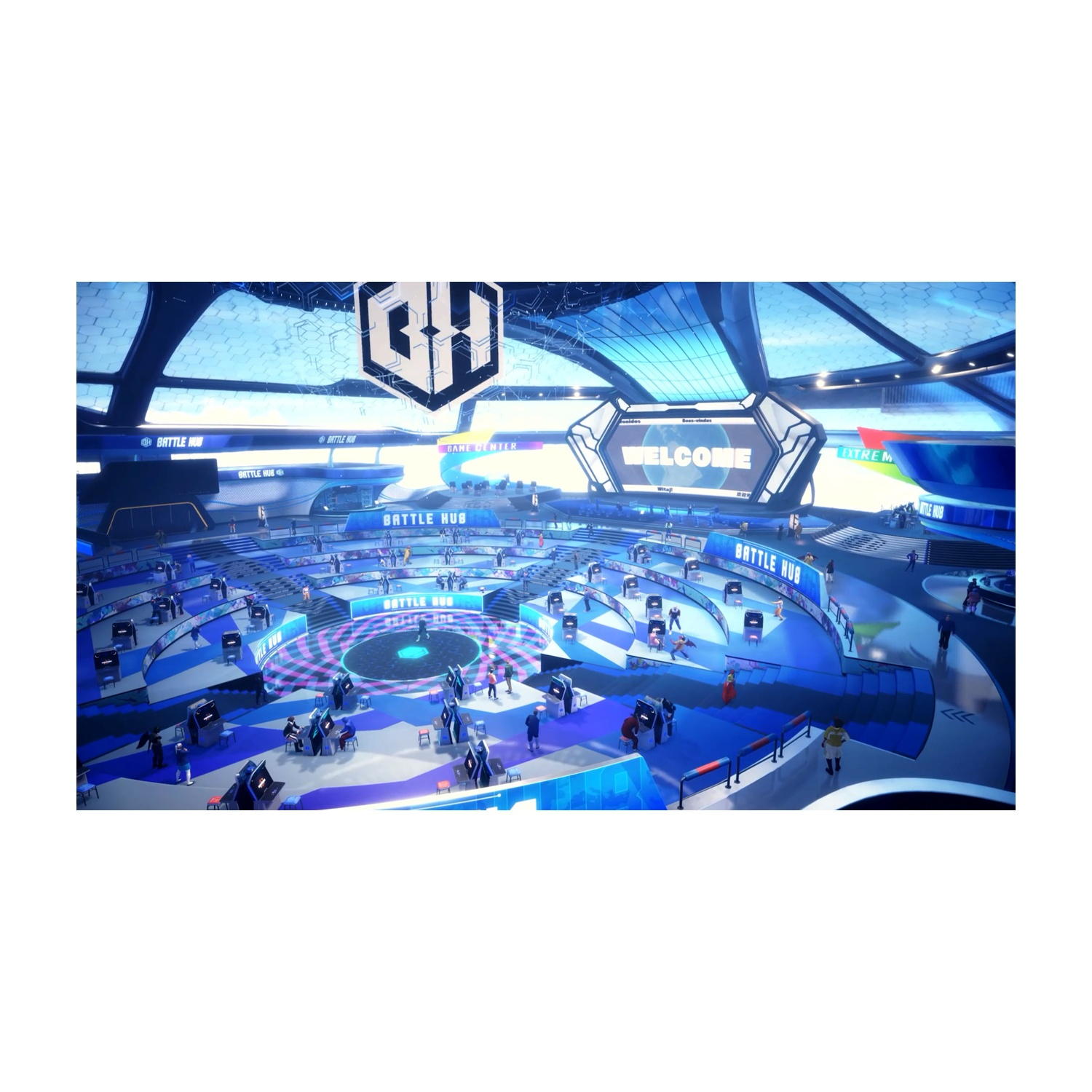 Un grande spazio aperto pieno di persone, con un palco e schermi che mostrano testo.