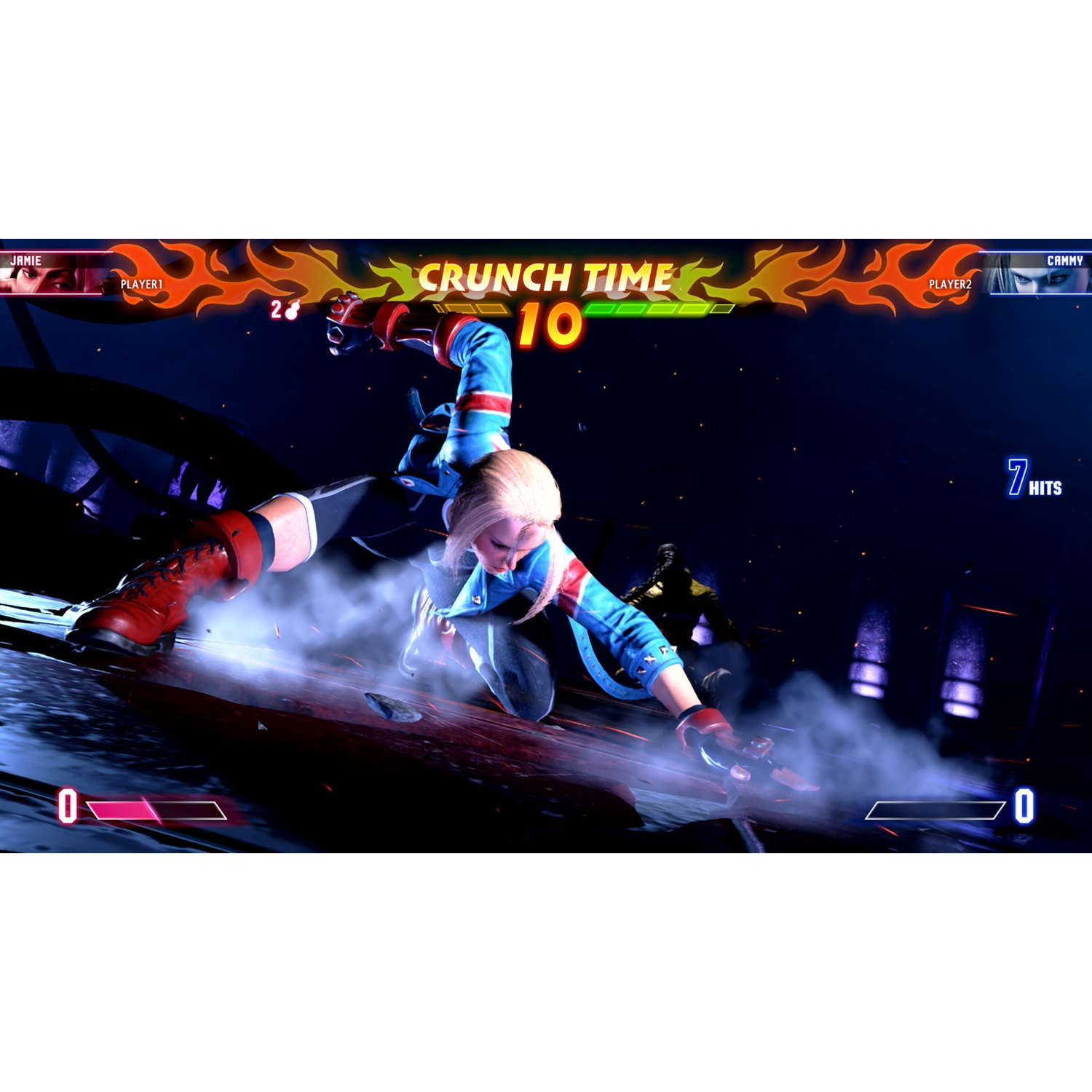 Scena di videogioco con due personaggi che combattono, testo sovrapposto e sfondo.