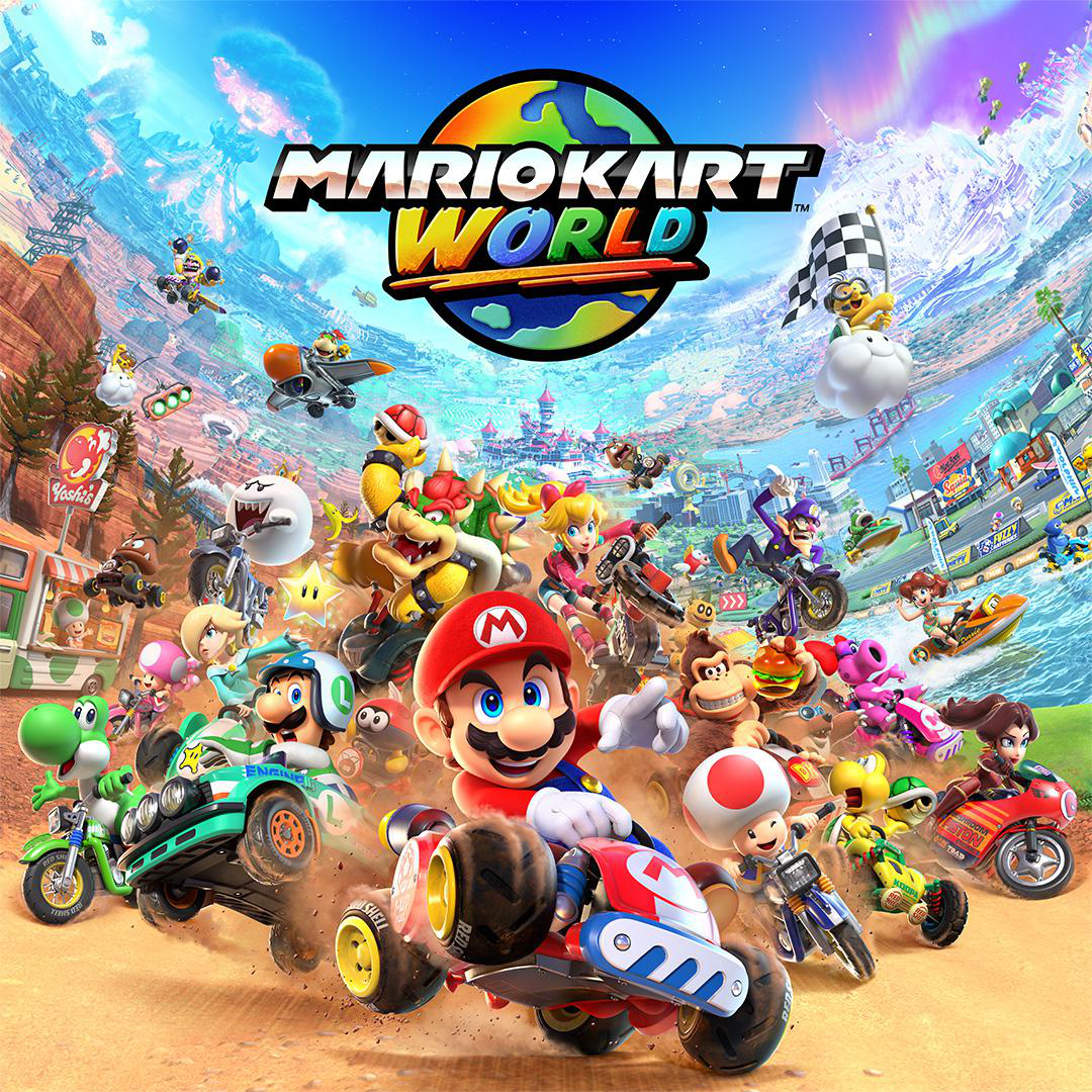 Mario Kart World-Spielcover mit Renncharakteren. Mario in einem roten Kart in der Mitte.