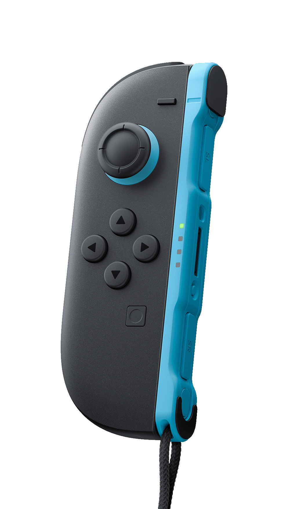Ein blau-schwarzer Nintendo Switch Joy-Con-Controller wird vor weißem Hintergrund gezeigt.