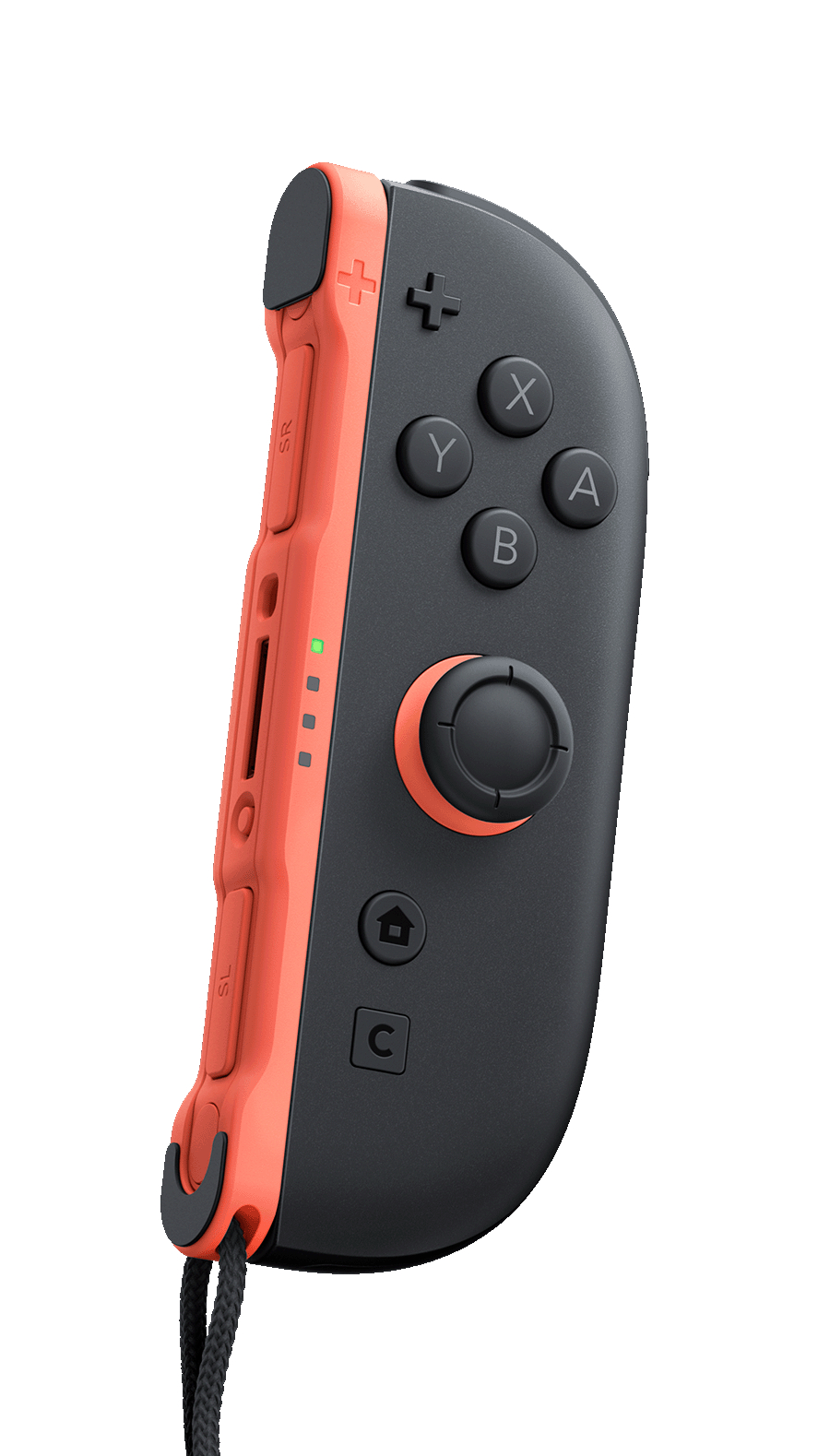 Ein orangefarbener Joy-Con-Controller. Er hat Knöpfe, einen Joystick und einen Handgelenkriemenanschluss.