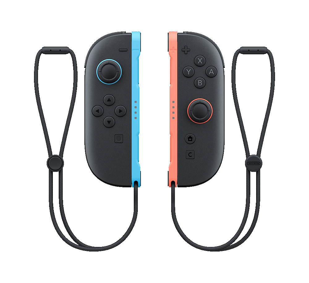 Zwei schwarze Nintendo Joy-Con-Controller mit Handschlaufen. Einer blau, einer rot.