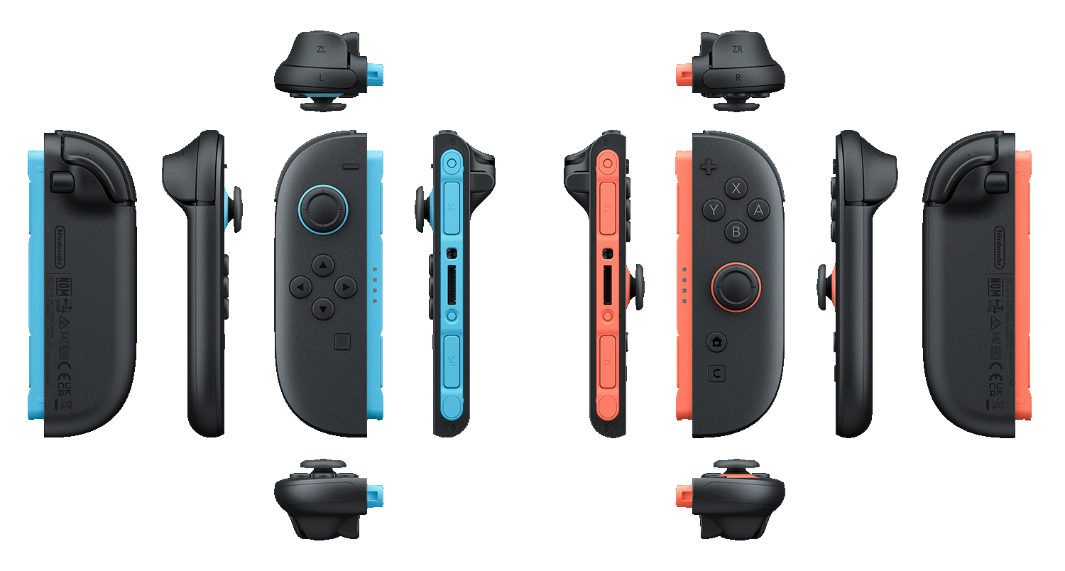 Verschiedene Ansichten von Nintendo Switch-Controllern in Blau und Orange.