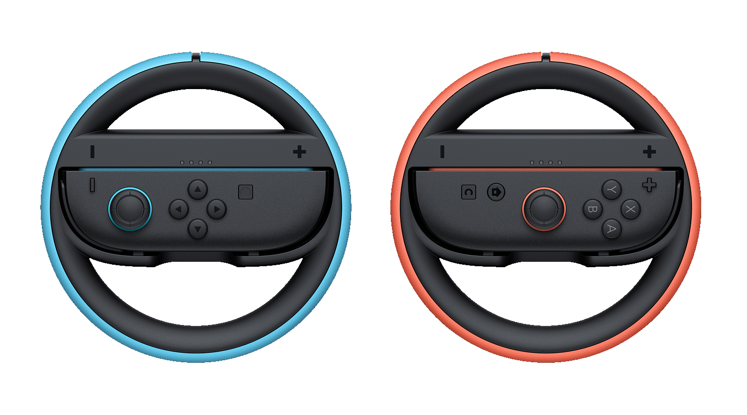 Zwei schwarze Lenkräder mit angeschlossenen Controllern für Nintendo Switch. Eines blau, eines rot.