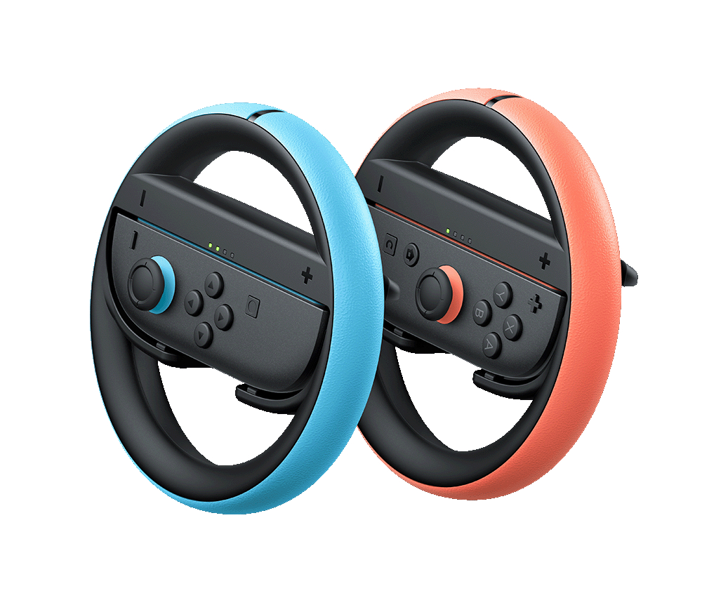 Zwei Lenkradaufsätze für Spielcontroller, blau und orange, auf weißem Hintergrund.
